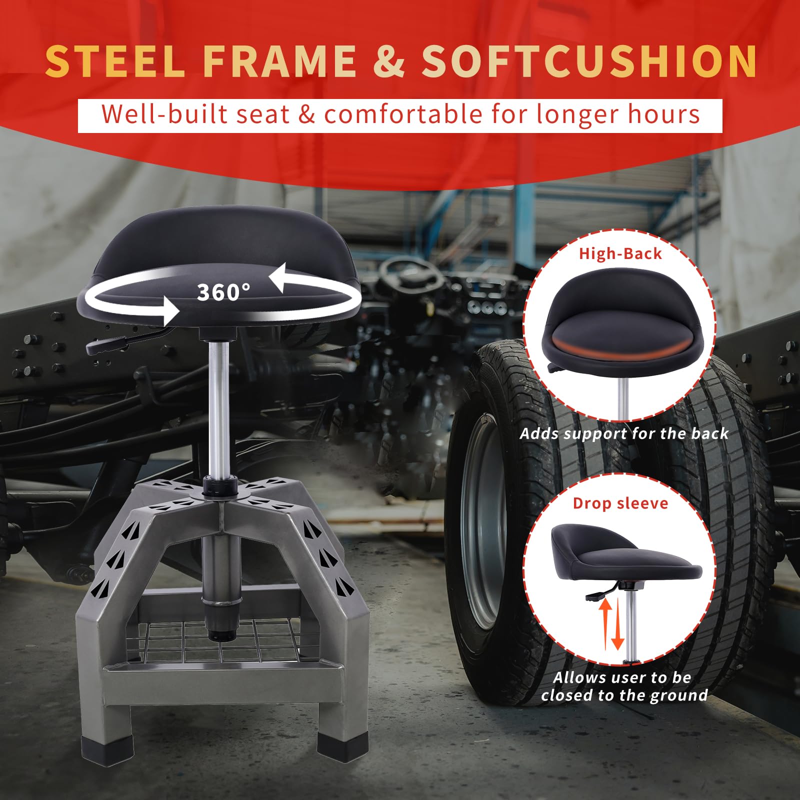 360 Swivel Rolling Shop Stool with Adjustable Height & Tool Tray Storage - 300 Lbs Capacity Gray Stool for Garage, Workshop, or Industrial Use