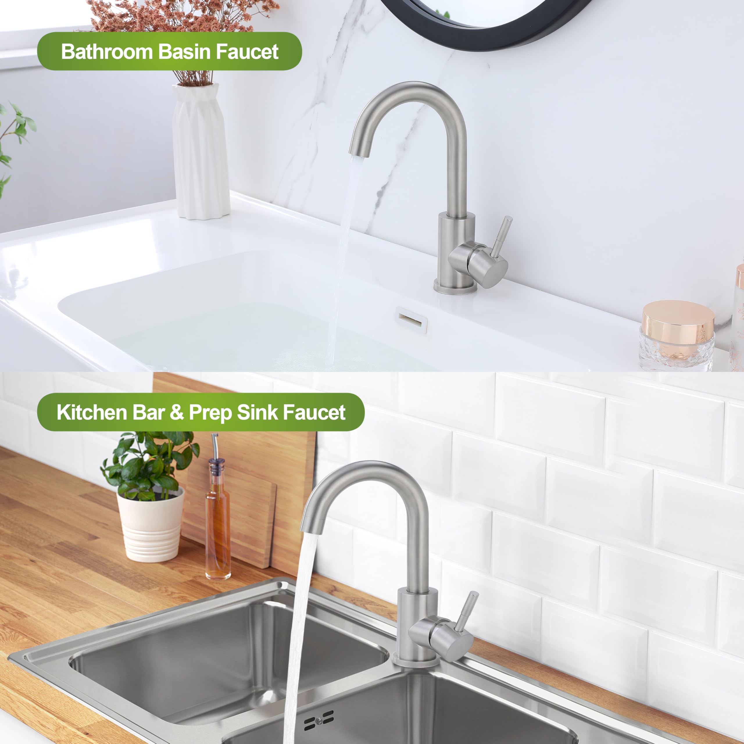 Brushed Nickel Bathroom Faucet - Single Handle Mixer Tap for Modern RV & Bar Sink with 360° Rotation