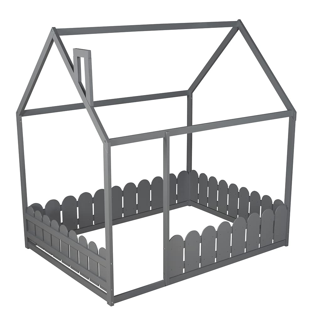 **MNSSRN Full Size Wooden House Bed Frame with Safety Fence - No Slats Included - Ideal for Kids, Teens, Boys & Girls - Perfect for Nursery, Bedroom, or Playroom Decor**