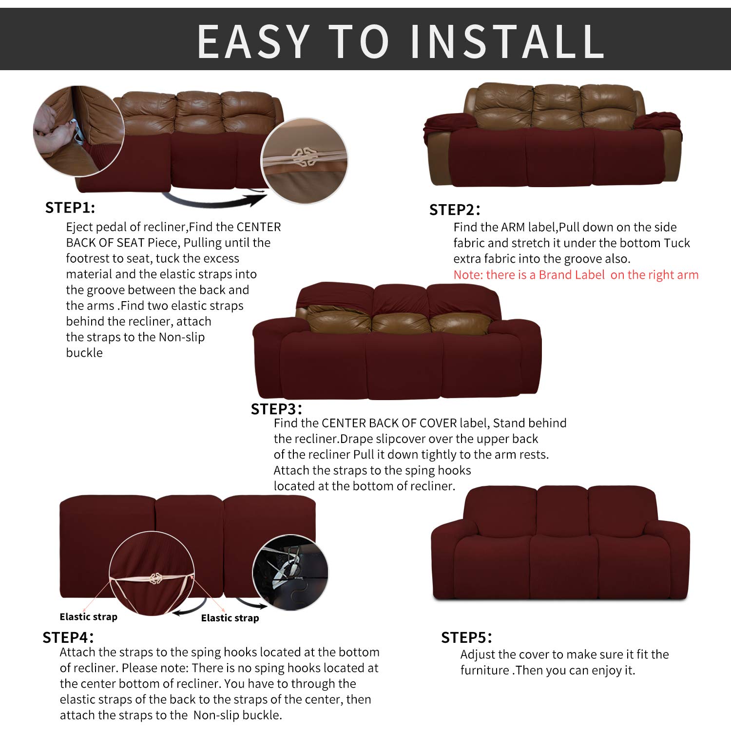 8-Piece Recliner Sofa Slipcover Set - Stretchable Furniture Protector with Elastic Bottom - Spandex Jacquard Fabric with Small Checks Design - Perfect for Kids, Pets & Wine Spills - Ideal for Living Room, Family Room & Home Theater Use