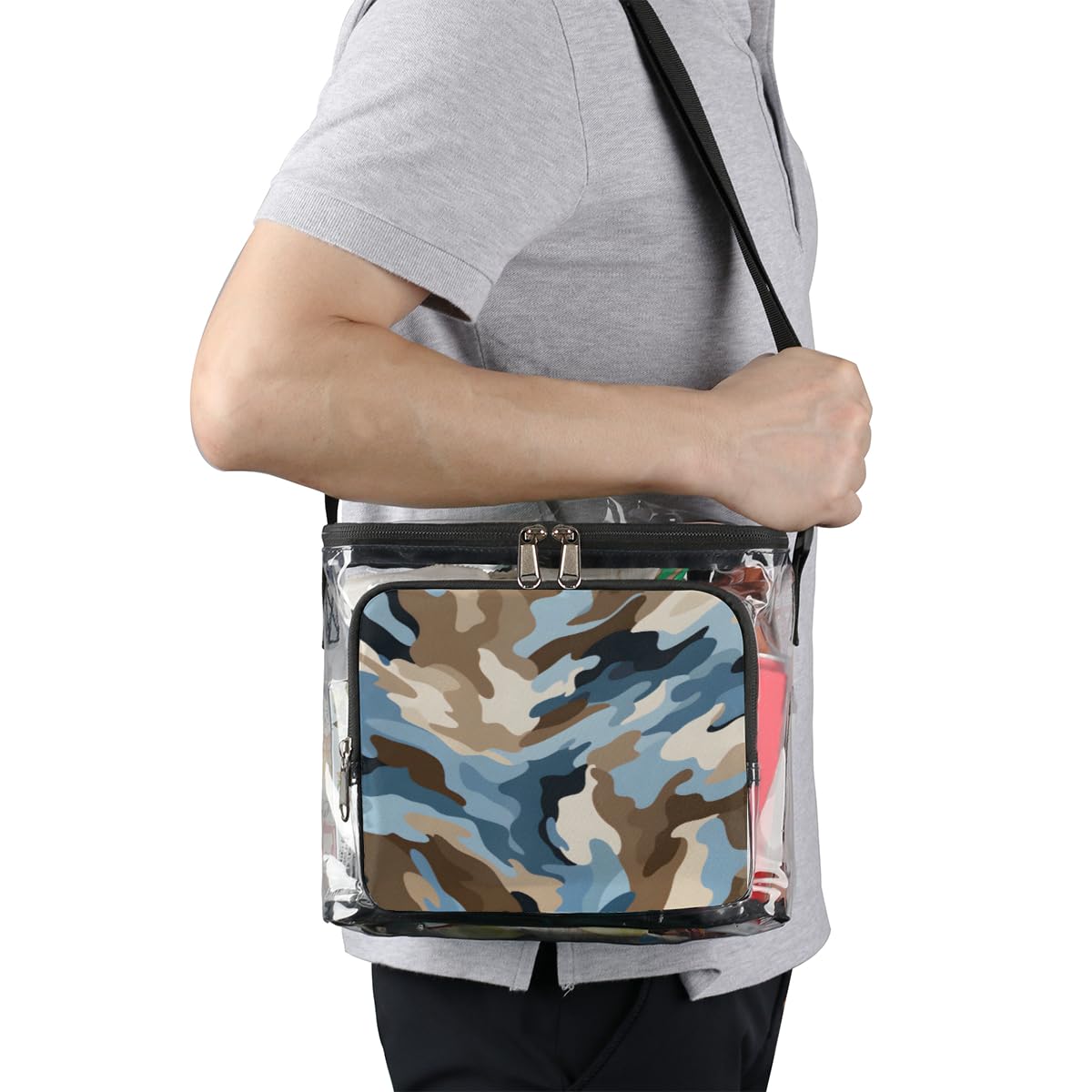 GzLeyigou Camouflage Pattern Transparent Tote Bag with Handles - Blue White Clear Crossbody Shoulder Bag for Lunch, Outdoor, Travel, Picnic, Concerts & Sports Events | Stadium Approved Waterproof Multipurpose Carryall (Perfect for Beach, Shopping, Gym & Daily Commute)