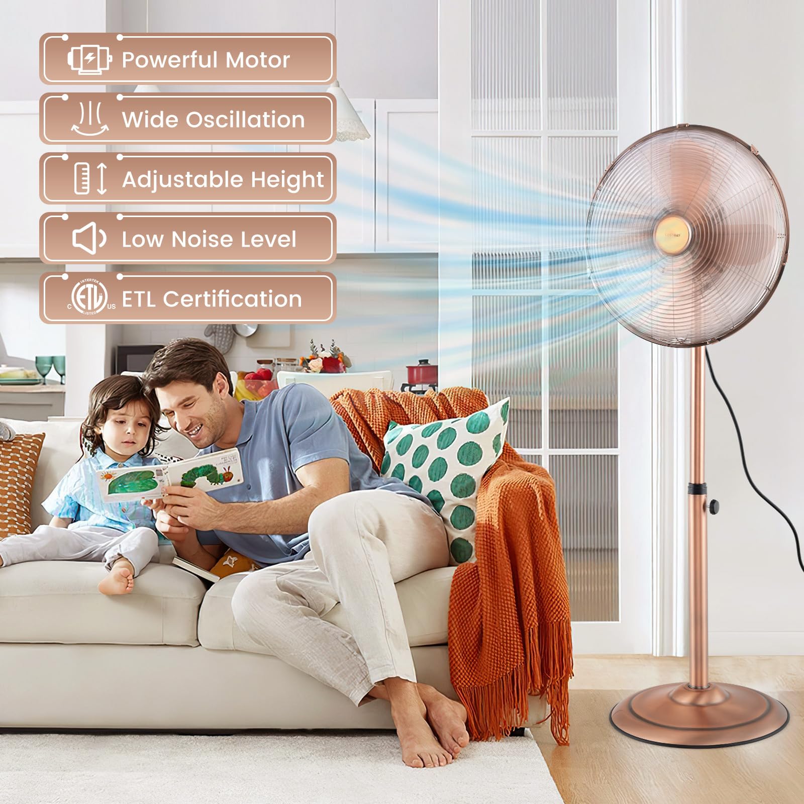COSTWAY 16-inch Metal Pedestal Fan - Quiet High Velocity Standing Fan with 75° Oscillation, 3 Speed Settings & Adjustable Height - 4 Blade Floor Fan for Bedroom, Home Office, Shop & Outdoor Use - Durable Copper Motor