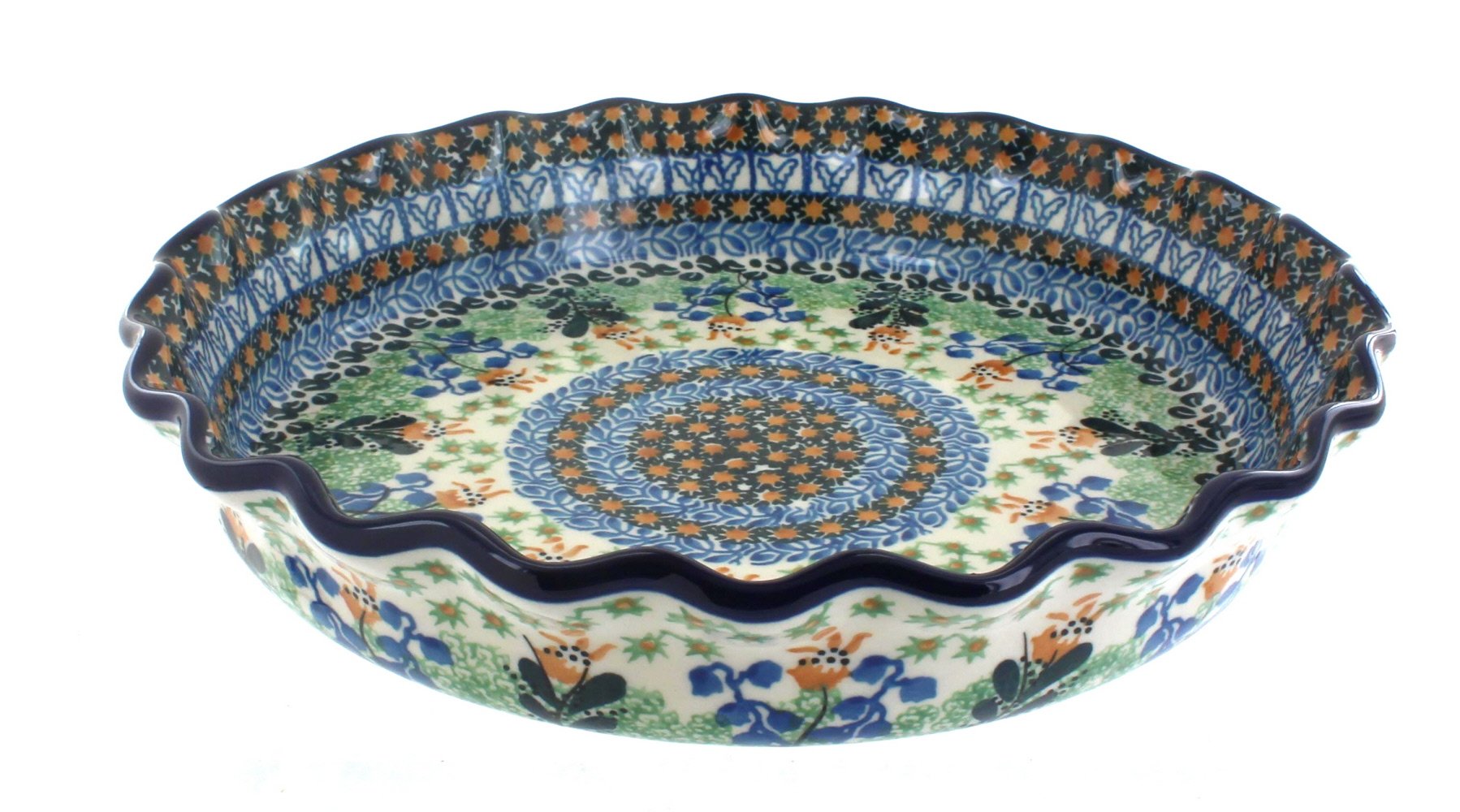 Hand-Painted Blue Rose Polish Pottery Lily of the Valley Pie Plate - Traditional Ceramic Baking Dish for Desserts, Pies & Home Decor