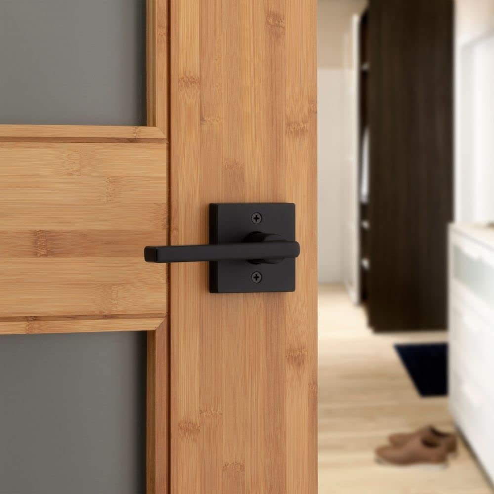 Kwikset Halifax Matte Black Interior Privacy Door Handle with Reversible Keyless Push Button Lock - Microban Protected Square Rose Lever for Bathroom, Bedroom & Closet Doors - Perfect for Home Security & Privacy Needs