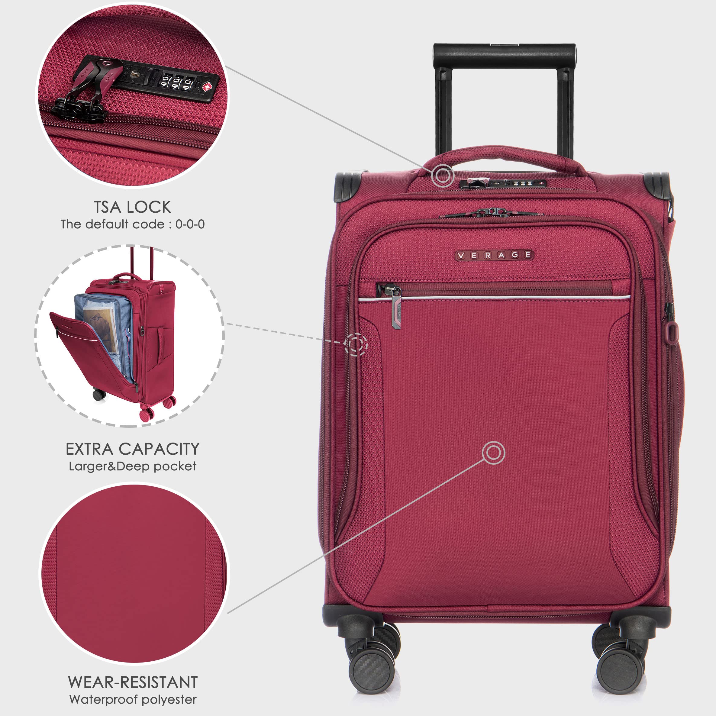 Vergae Toledo 20-Inch Expandable Softside Carry On Luggage with 360° Spinner Wheels - Burgundy Suitcase for Air Travel, Business Trips & Weekend Getaways