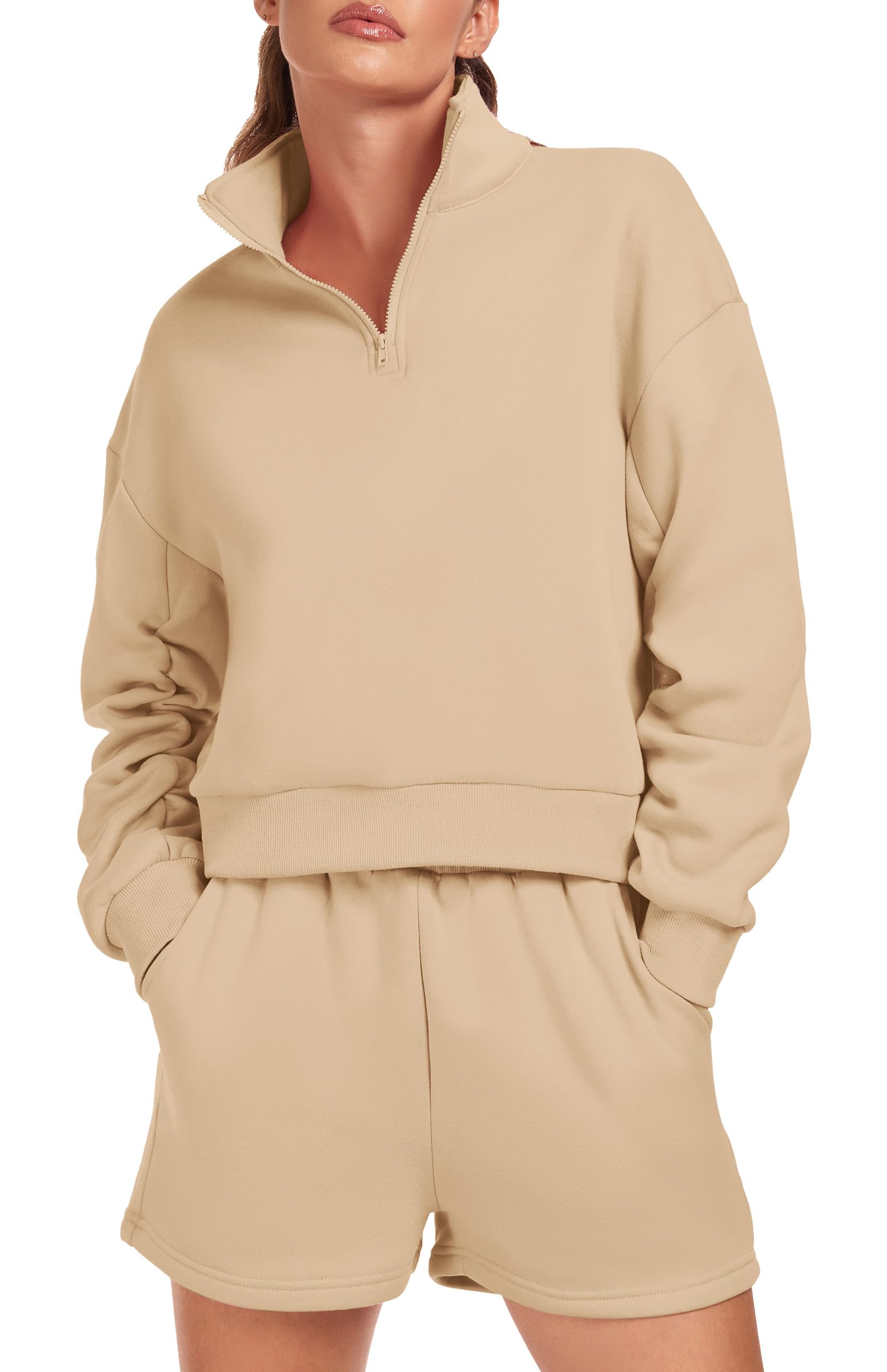 Women's 2 Piece Lounge Set - Oversized Half Zip Sweatshirt & Shorts Casual Tracksuit for Women | Comfortable Loungewear for Home, Yoga, Gym & Running