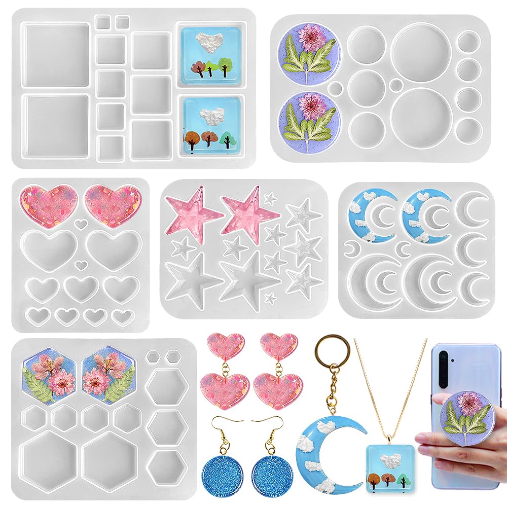 RESINWORLD 50-Piece Silicone Molds Set for Resin Jewelry Making - Hexagon, Round, Crescent Moon, Pentagram & Heart Molds for DIY Keychains, Badge Reels, Pendants, Charms & Earrings - Perfect for Crafting Unique Handmade Gifts & Home Decor Accessories