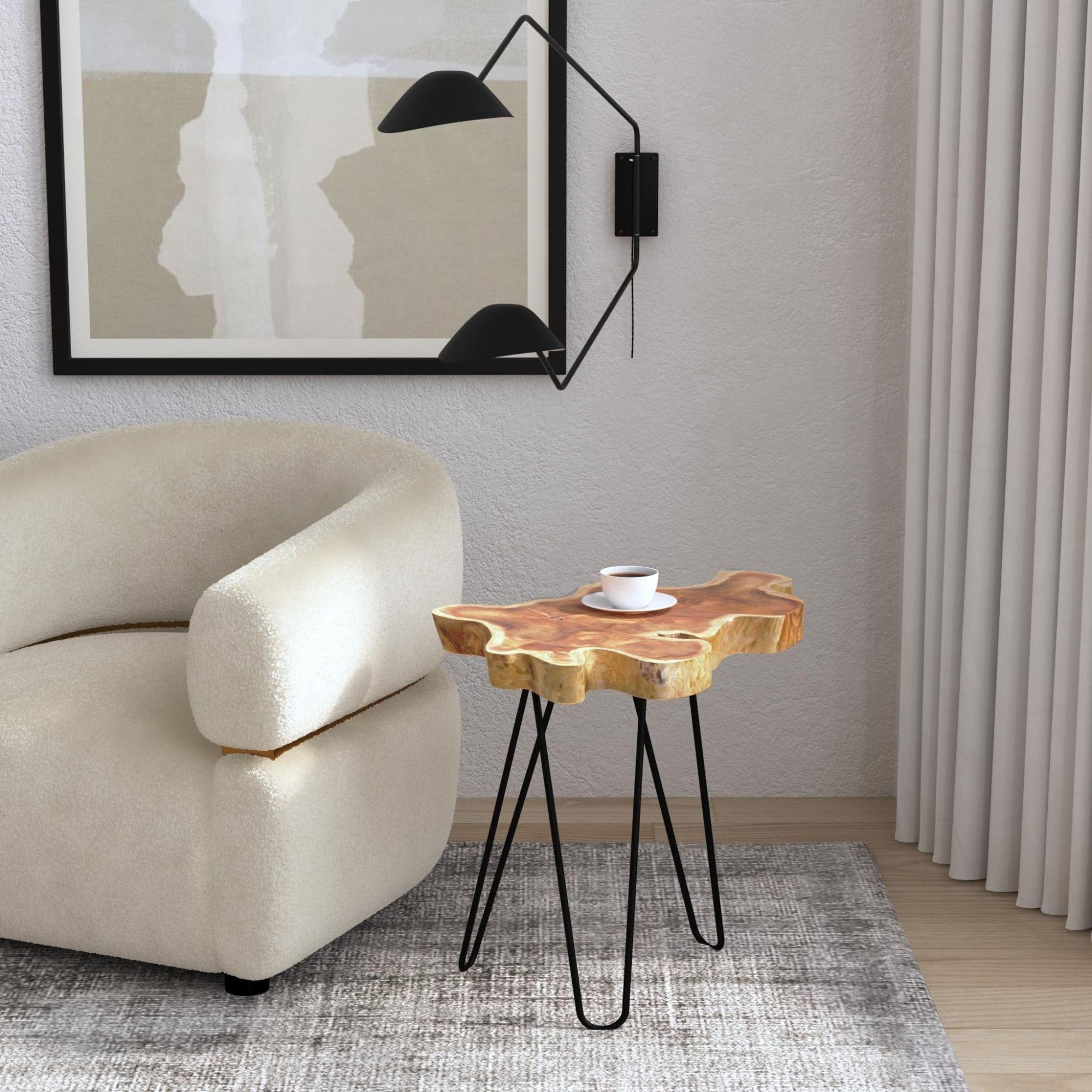 Sustainable Teak Wood Side Table with Metal Legs - Modern Tree Stump End Table for Living Room, Bedroom, Office | Perfect as Plant Stand, Nightstand or Coffee Table Accent