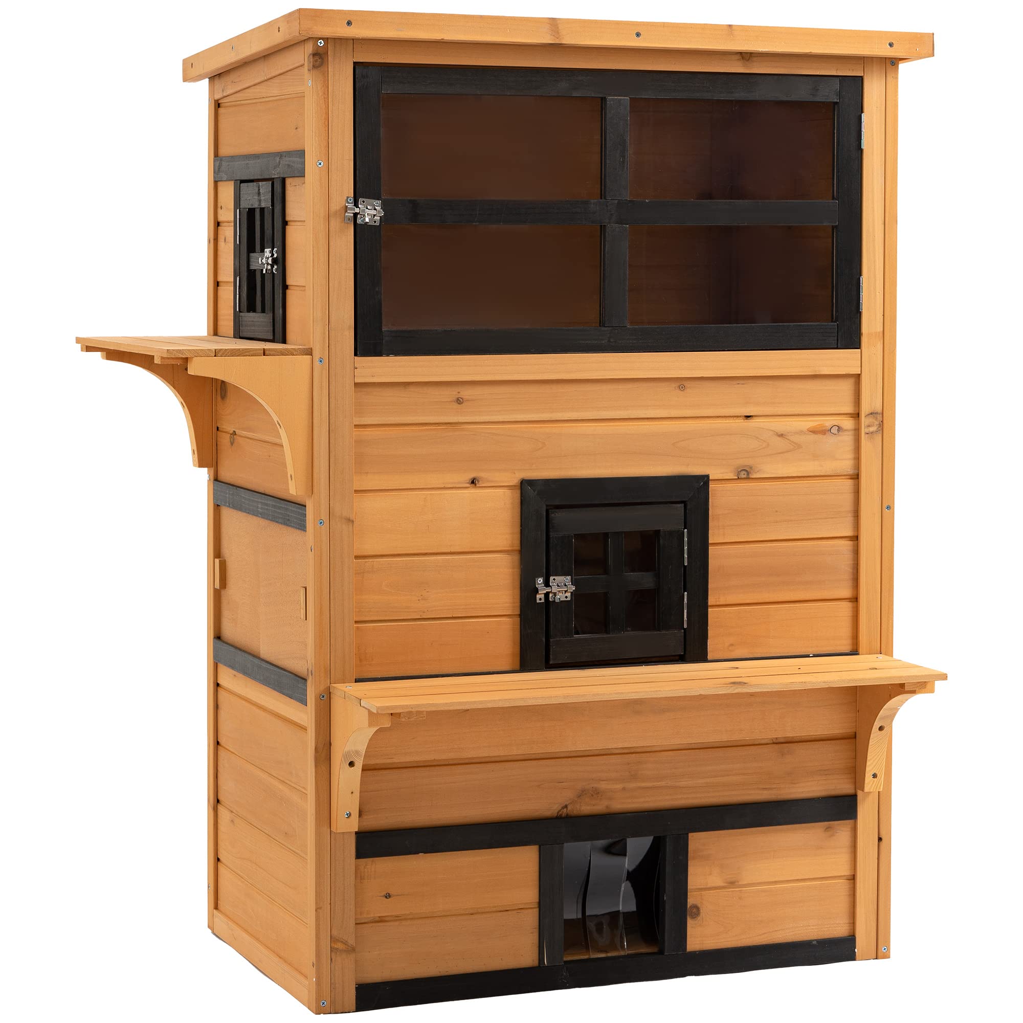 PawHut 3-Story Outdoor Cat House - Weatherproof Feral Cat Shelter with Asphalt Roof, Raised Floor, Escape Doors & Jumping Platforms - Perfect for Backyard, Garden & Patio Use