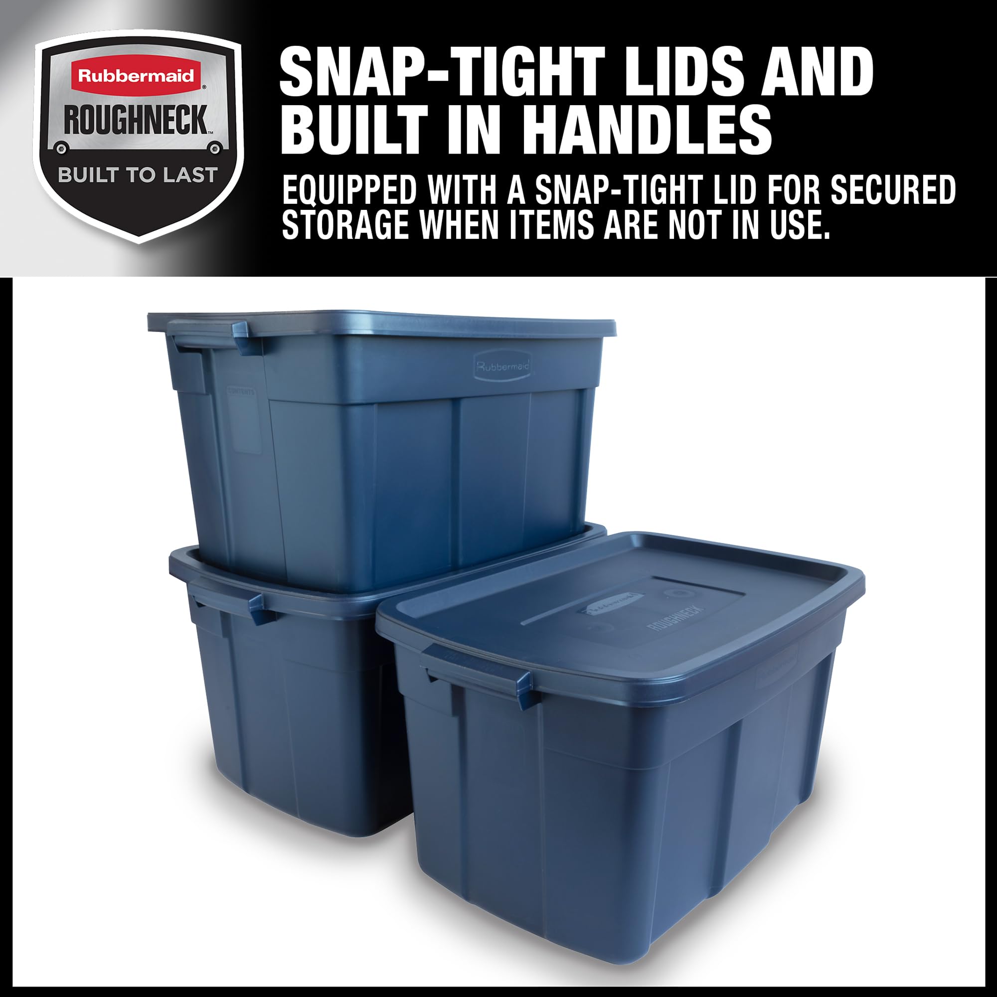 Rubbermaid Roughneck Tote 31 Gallon Storage Bins - 3 Pack Stackable Plastic Containers with Lids & Handles | Heavy-Duty Made in USA | Dark Indigo Metallic | Perfect for Garage Organization, Home Storage & Moving Supplies