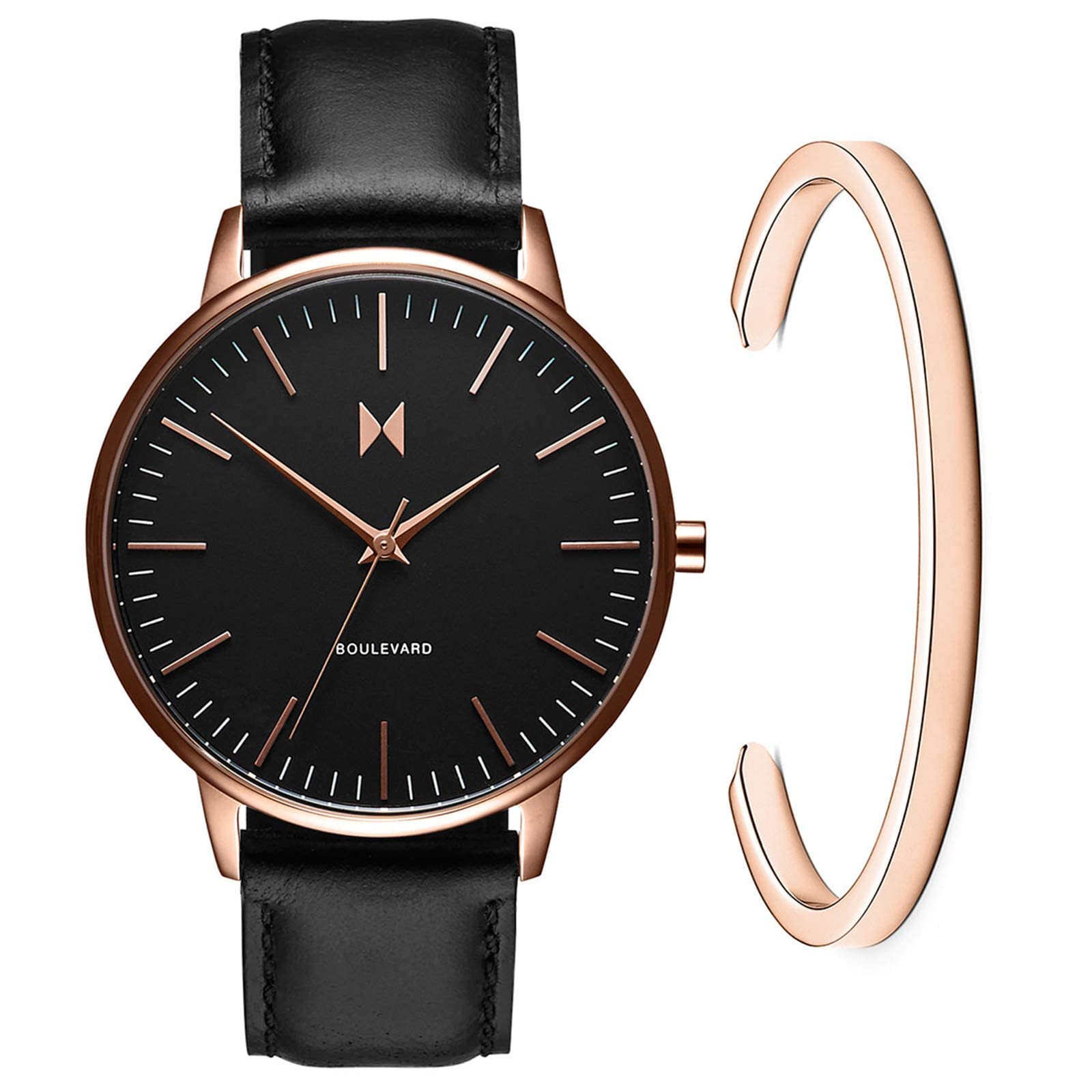 MVMT Boulevard Women's Watch Gift Set - 38mm Minimalist Analog Leather Watch & Rose Gold Cuff Bracelet | Elegant Everyday Wear, Perfect for Office, Date Night & Special Occasions