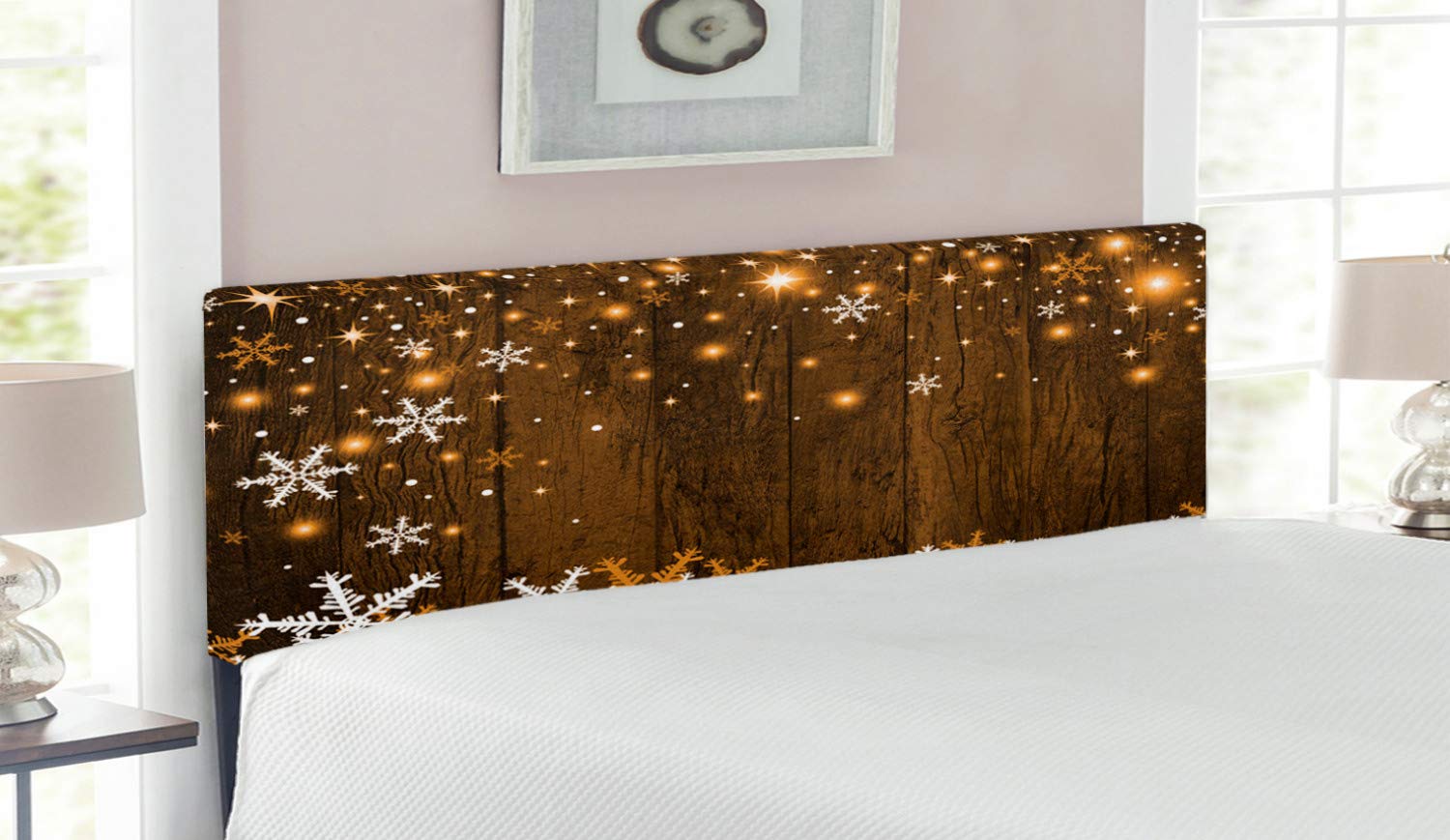 Ambesonne Christmas Headboard - Rustic Wooden Snowflake Design, Traditional Celebration Print, Upholstered Metal Bed Headboard with Memory Foam - Queen Size Brown & White - Perfect for Holiday Bedroom Decor & Cozy Winter Nights
