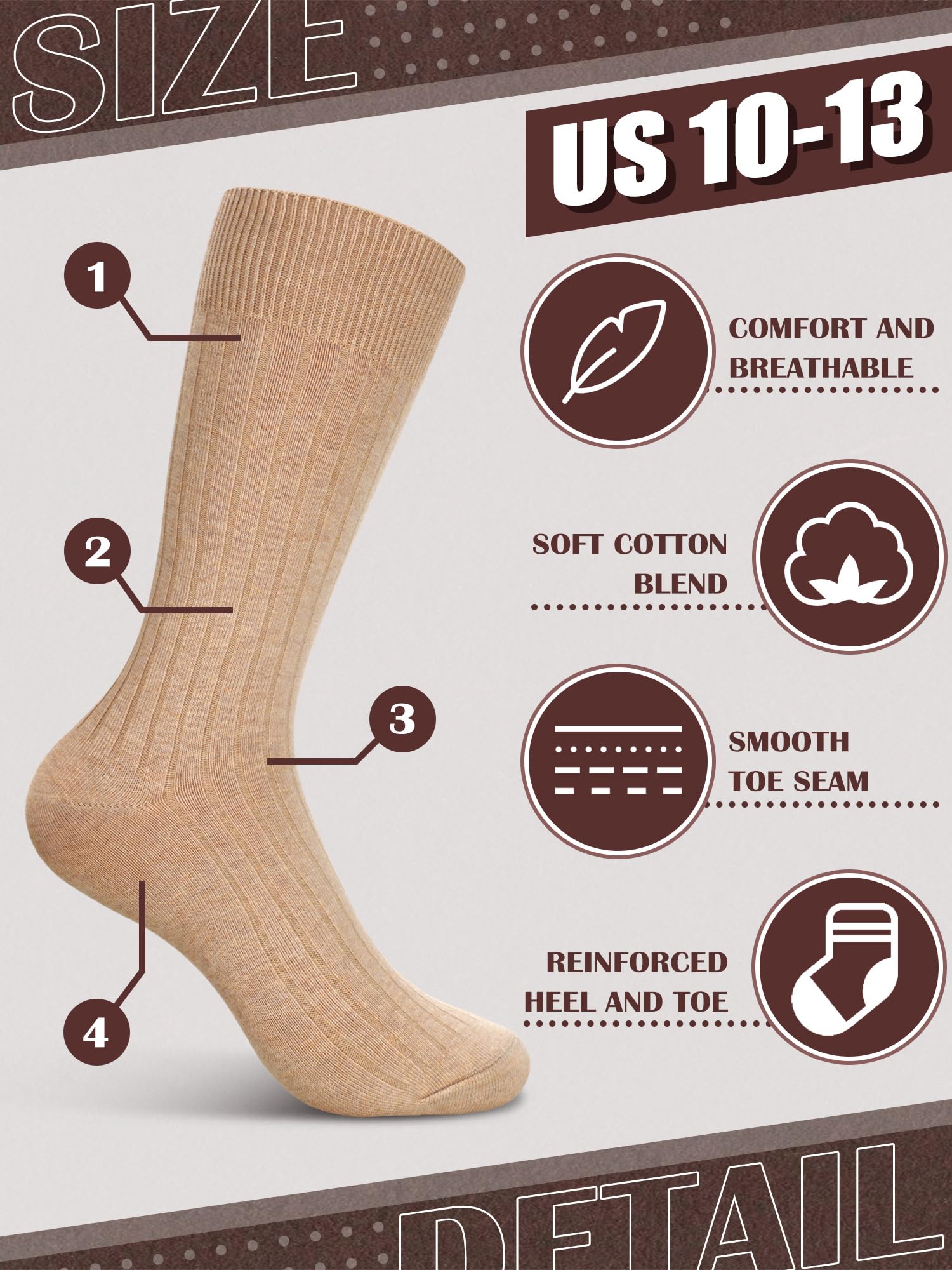 8 Pairs Men's Cotton Crew Socks Size 10-13 - Soft Business Casual Dress Socks for Men, Dad & Grandpa - Perfect for Office, Wedding & Daily Wear