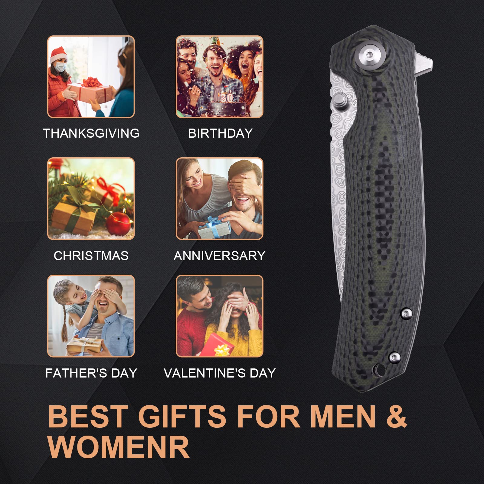 Premium Damascus Steel EDC Folding Knife - Tactical Pocket Knife for Outdoor Camping, Hiking & Survival Gear