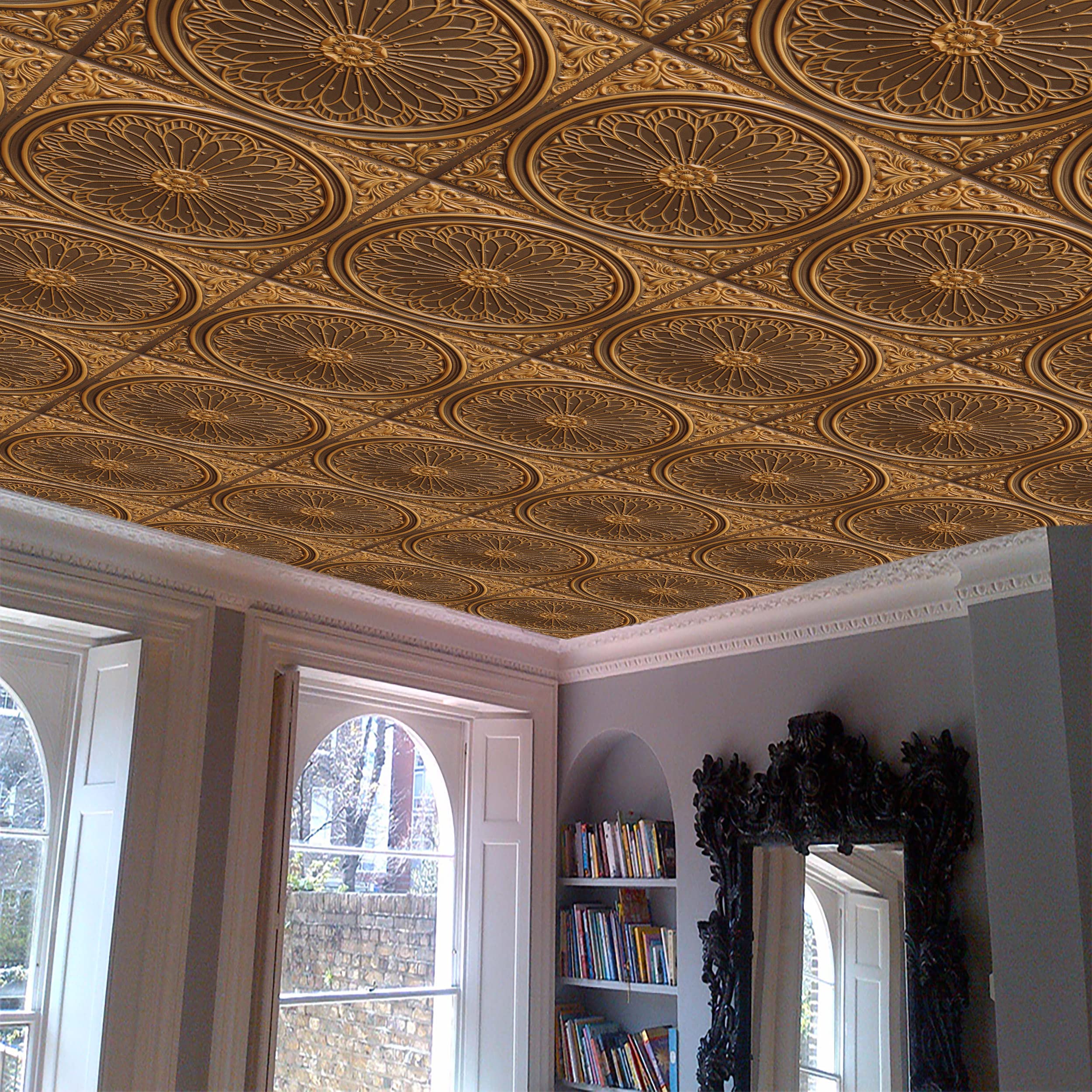 Premium PVC 3D Decorative Ceiling Panel - Rustic Floral Antique Gold Design, 2ft x 2ft (60cm x 60cm), Pack of 10 | Easy Glue Up or Lay In Installation for Home, Office & Commercial Spaces