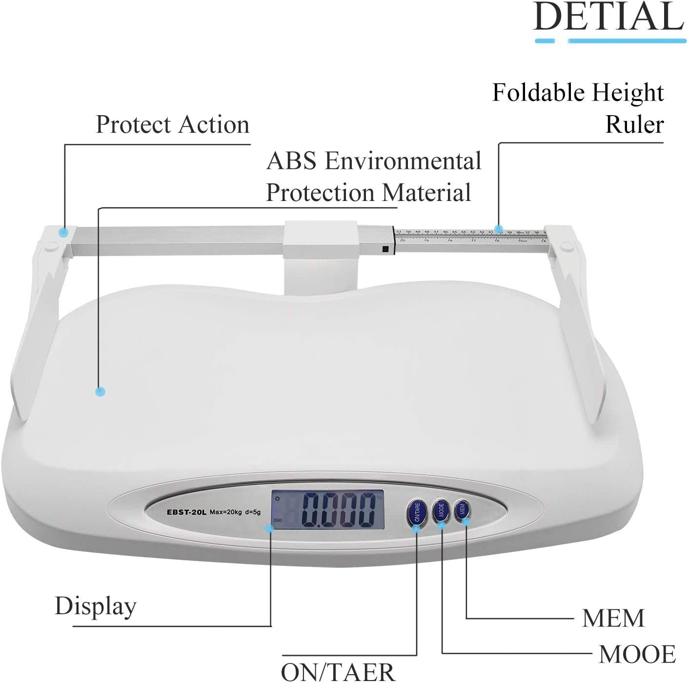 Digital Food Scale & Baby Scale - 20KG/44LB Capacity with Foldable 35-70CM Height Ruler | Perfect for Kitchen, Infant Weighing, and Pet Weight Tracking