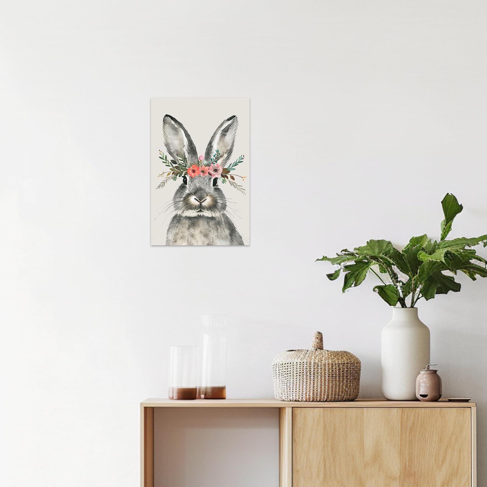 Cute Rabbit Wall Art - Bunny Pictures with Floral Crown, Easter Print Poster for Nursery, Kids Room & Girls Bedroom Decor - Framed Wall Art (24x36 Inches) - Perfect for Easter Gifts, Spring Home Decor & Baby Shower Presents
