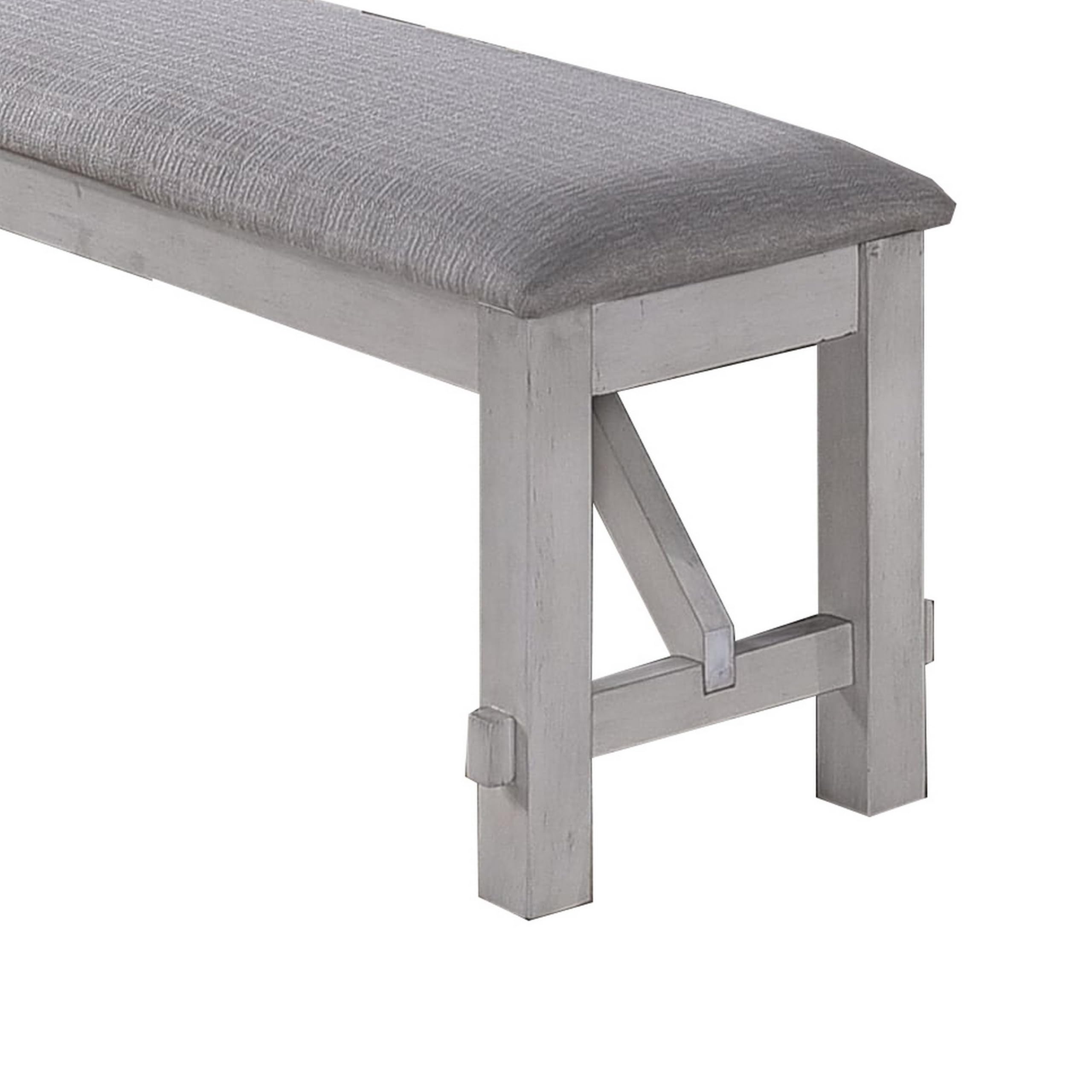 Benjara Gray Fabric Upholstered Wooden Bench with Braces - Entryway Seating, Living Room Furniture, Bedroom Decor