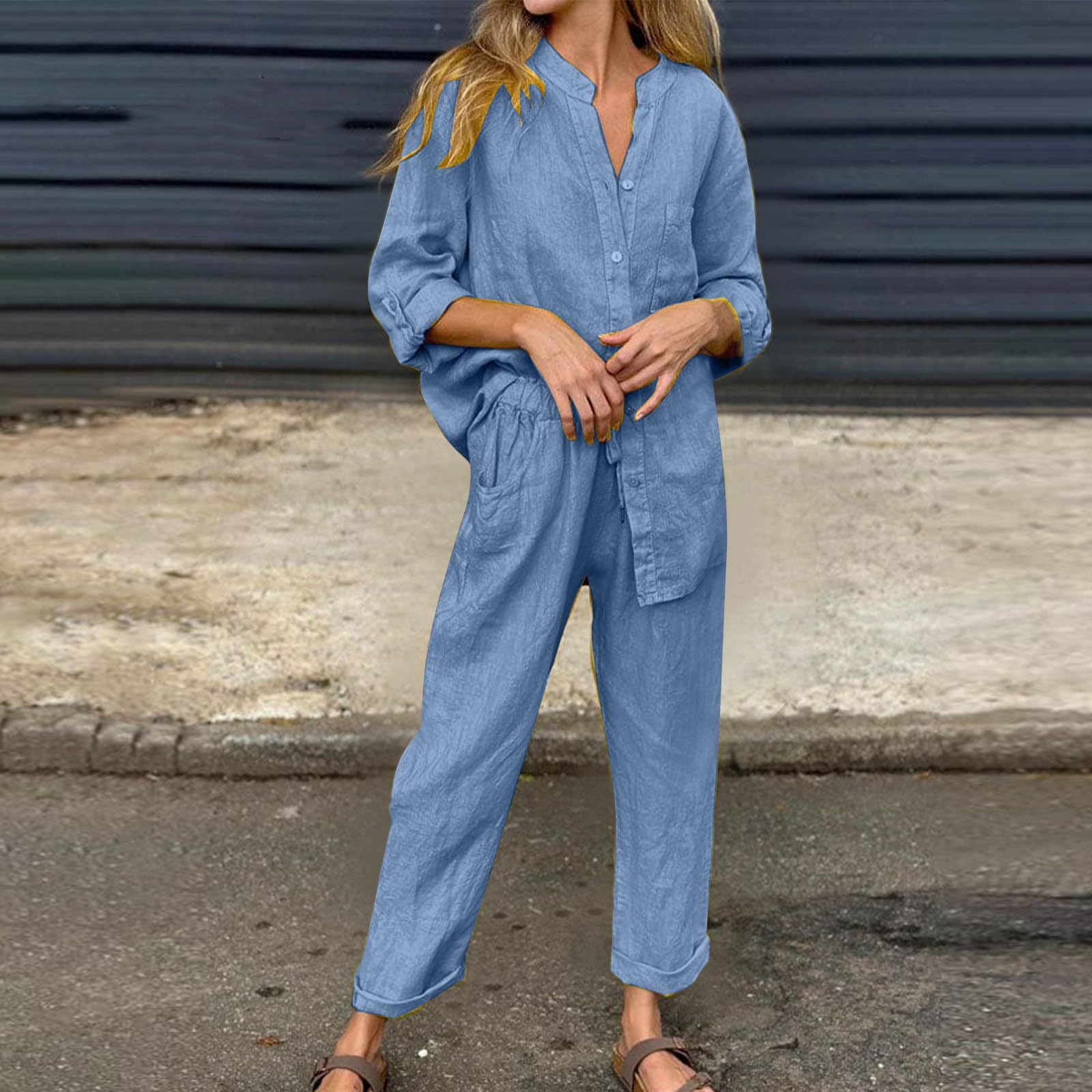 Premium Women's Linen Lounge Set - Soft Long Sleeve Top & Comfortable Pants 2-Piece Outfit | Breathable Summer Loungewear for Home, Travel & Relaxation