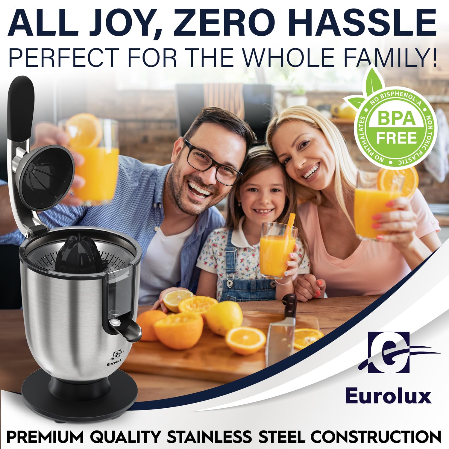 Premium Electric Orange Juicer - Stainless Steel Citrus Squeezer with Powerful Motor, Soft Grip Handle & Auto Shutoff | Dishwasher Safe, Adjustable Pulp Control | Perfect for Fresh Juice, Cocktails, Breakfast & Healthy Living