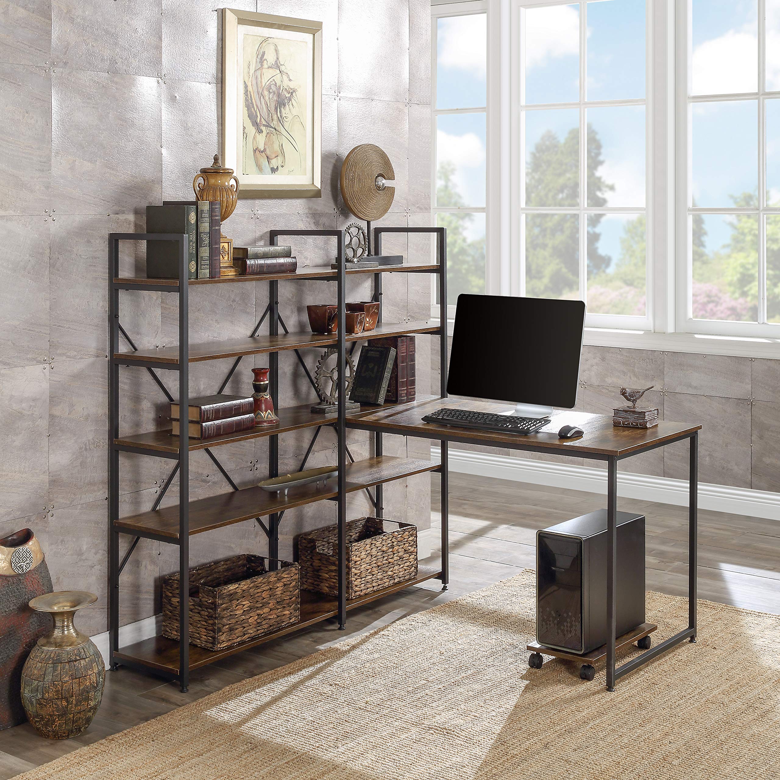 Industrial L-Shaped Computer Desk with 5-Tier Bookshelf - Sturdy Metal Frame & MDF Top - Spacious Workstation for Home Office, Gaming Setup or Dorm Room - Perfect for Remote Work, Online Classes & Small Spaces