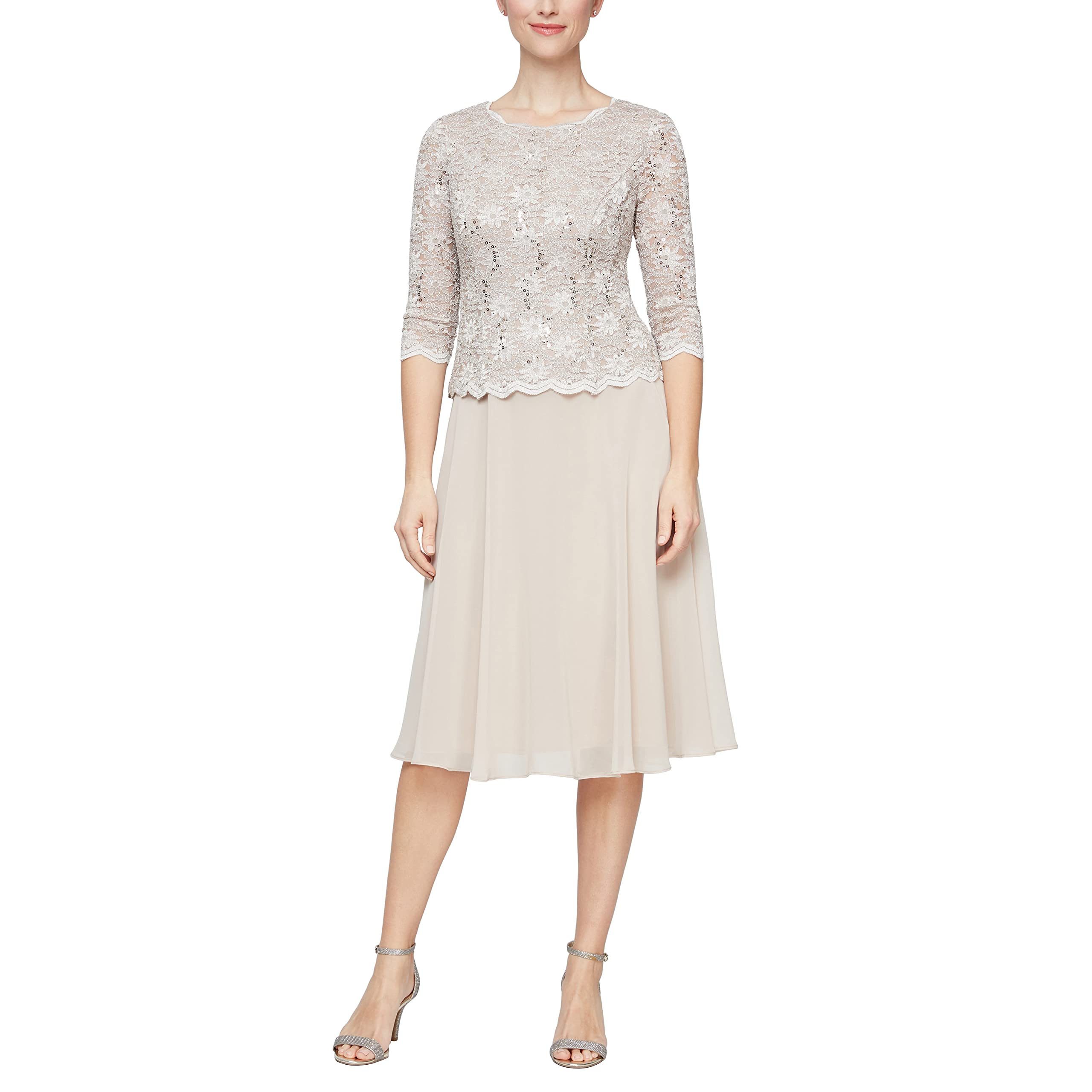 Alex Evenings Women's Tea Length Sequin Mock Dress for Special Occasions - Petite & Regular Sizes - Perfect for Weddings, Parties & Evening Events