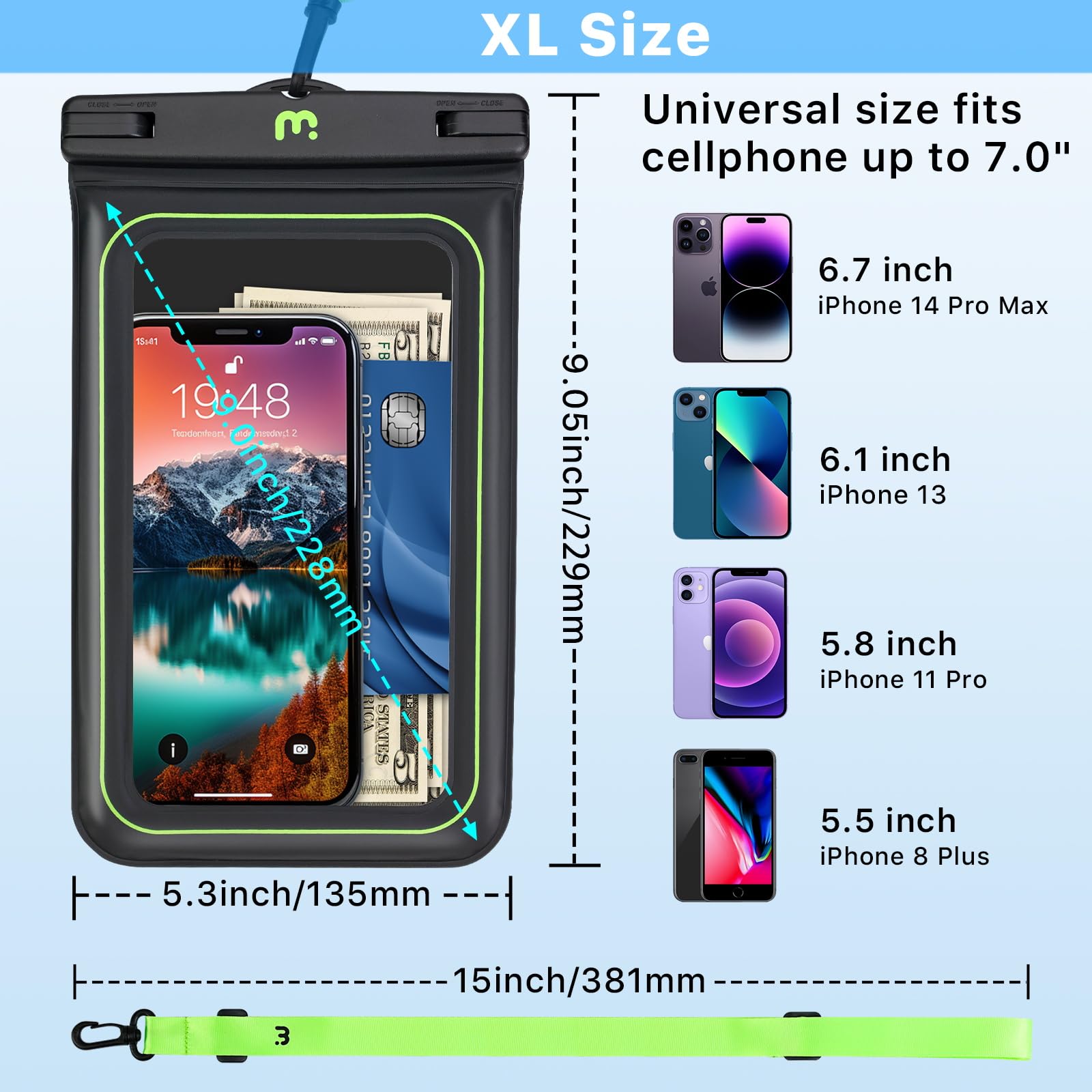 MYBAT PRO 2 Pack IPX8 Waterproof Phone Pouch (XL Size) - Floating Dry Bag with Detachable Lanyard for iPhone 16 Pro Max/15/14, Samsung S24 Ultra/S23, Google Pixel - Black & Green - Perfect for Swimming, Beach, Kayaking and Water Sports