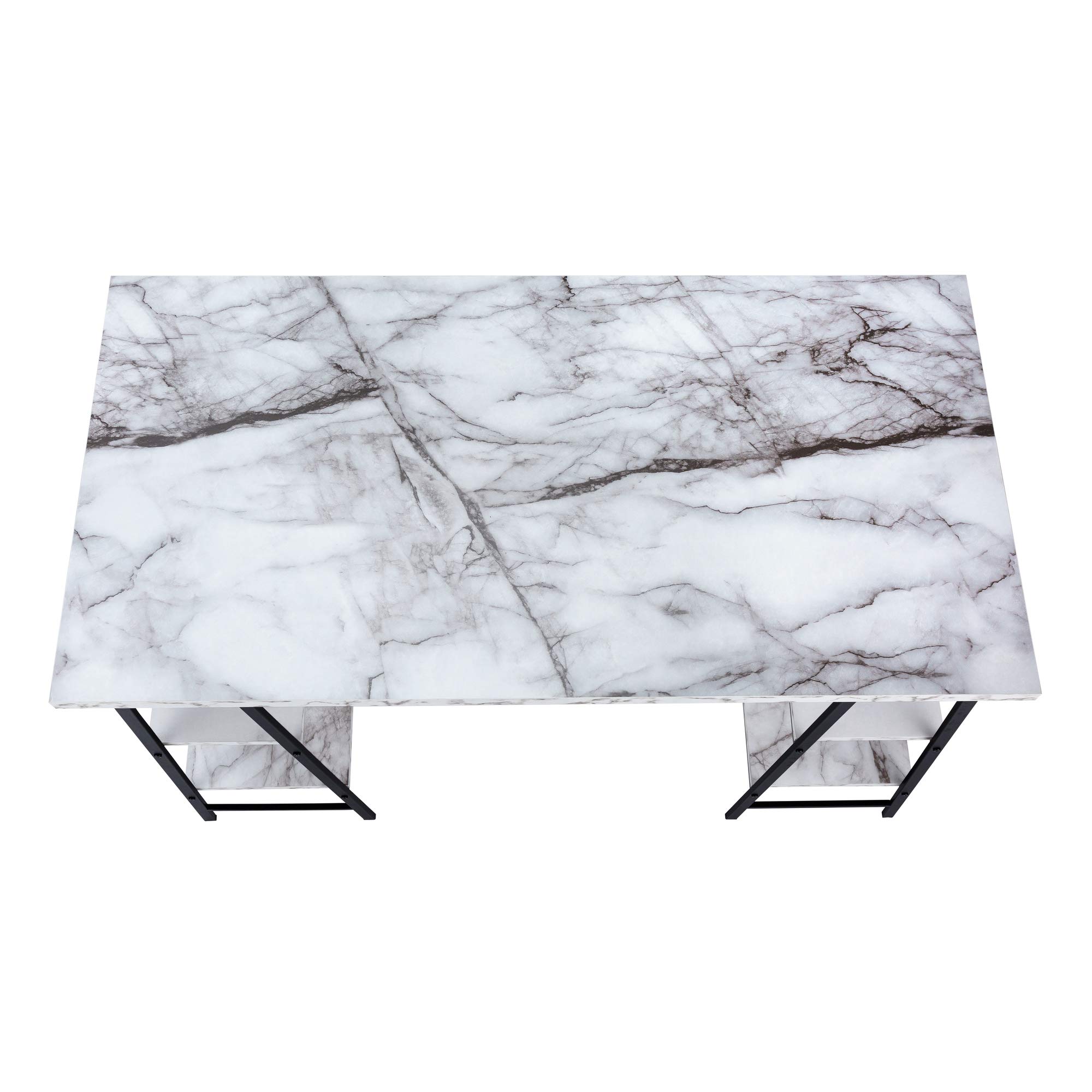 Monarch Specialties I 7527 48-Inch Modern Computer Desk with Storage Shelves - White Marble Look & Black Metal Frame - Home Office & Laptop Workstation for Contemporary Spaces