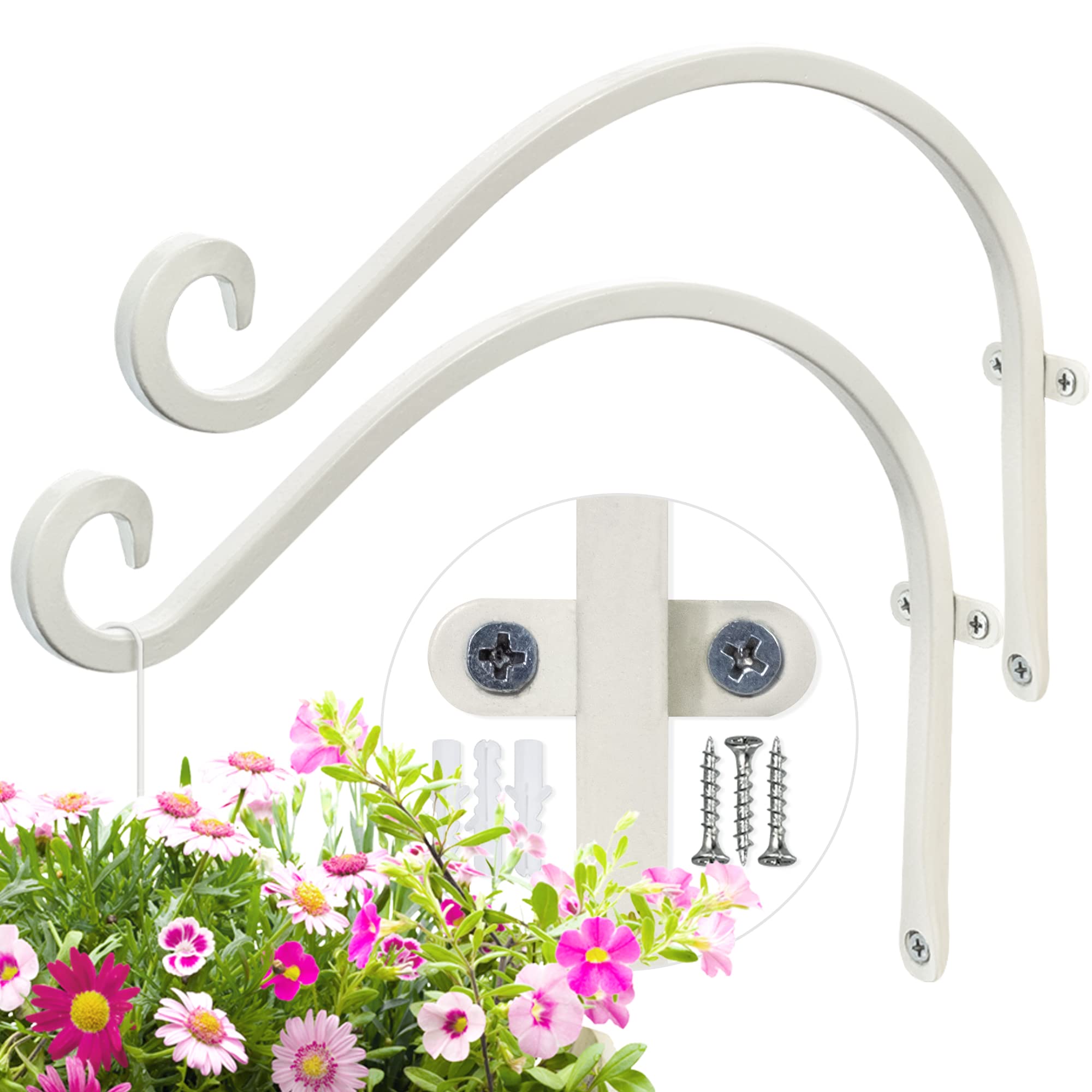 12-Inch White Rust-Resistant Plant Hanger Hooks for Wall - Indoor/Outdoor Hanging Flower Basket Brackets - Perfect for Balcony, Garden, Patio & Home Decor