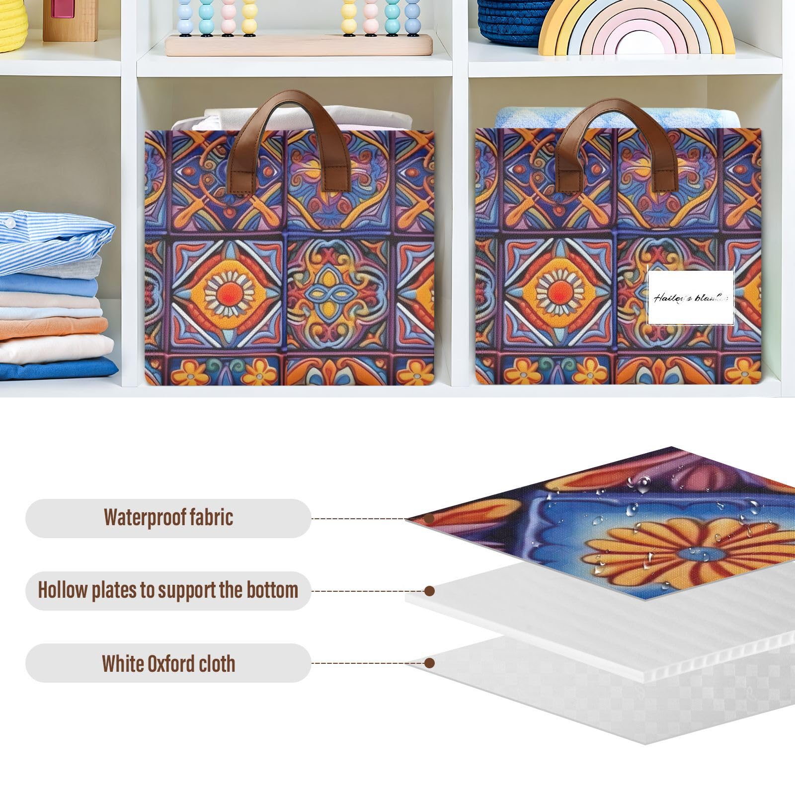 Emelivor Mexican Talavera Blue Storage Bins - Foldable Rectangular Organizer Baskets with Handles for Shelves, Nursery, Closet & Laundry | Perfect for Organizing Toys, Clothes & Home Decor