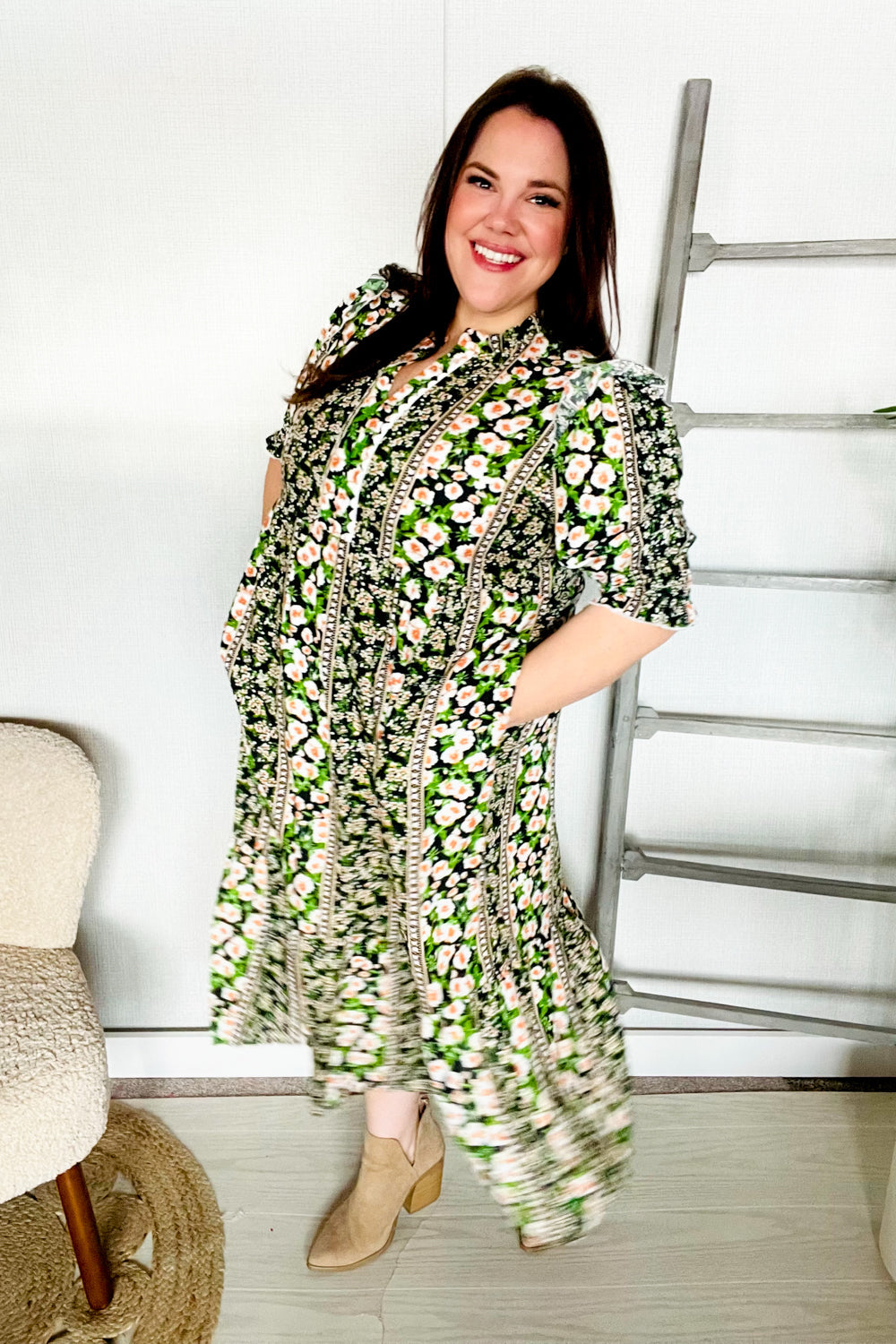 Elegant Black & Green Ruffled Notch Neck Babydoll Smocked Midi Dress for Women | Flowy Summer Dress for Date Night, Garden Party & Special Occasions
