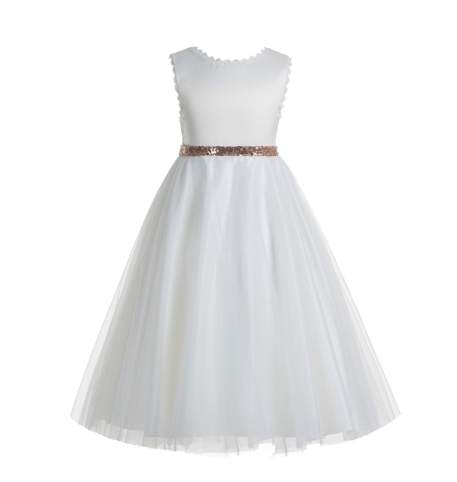 ekidsbridal V-Back Lace Edge White Flower Girl Dress - First Communion Gown, Baptism Dress, Junior Formal Dress for Special Occasions | Perfect for Weddings, Christenings & Church Ceremonies