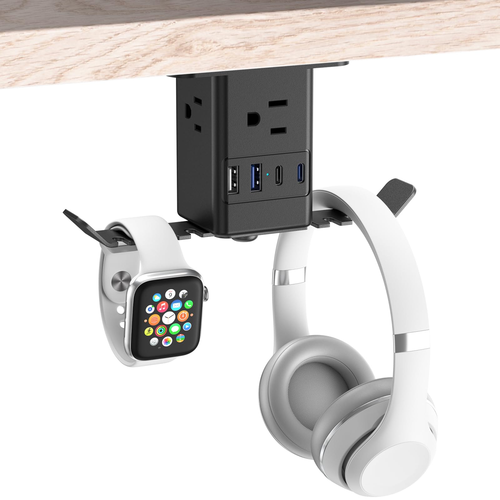 JUNNUJ Under Desk Headset Stand with 20W USB C Charger & 3 Outlet Power Strip - Headphone Hook, Surge Protector, PC Game Hanger Holder & Cable Organizer (6FT) - Perfect for Gaming Setup, Home Office & Workspace Organization