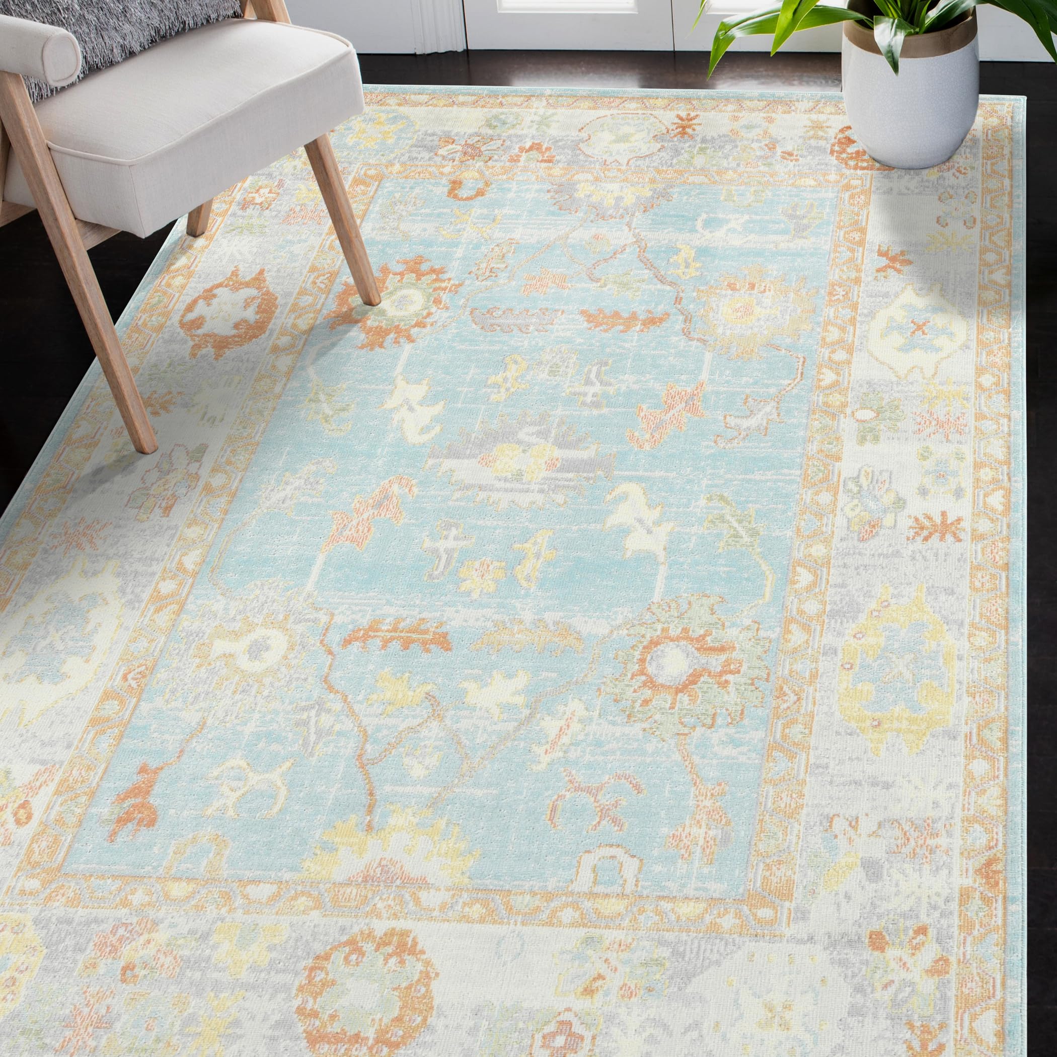 AMER Rugs Bohemian Gretna Collection 5x7 Indoor/Outdoor Area Rug - Aqua/Beige Bohemian Style Rug for Living Room, Bedroom, Dining & Kitchen - Perfect for Patio, Deck, and Sunroom Decor