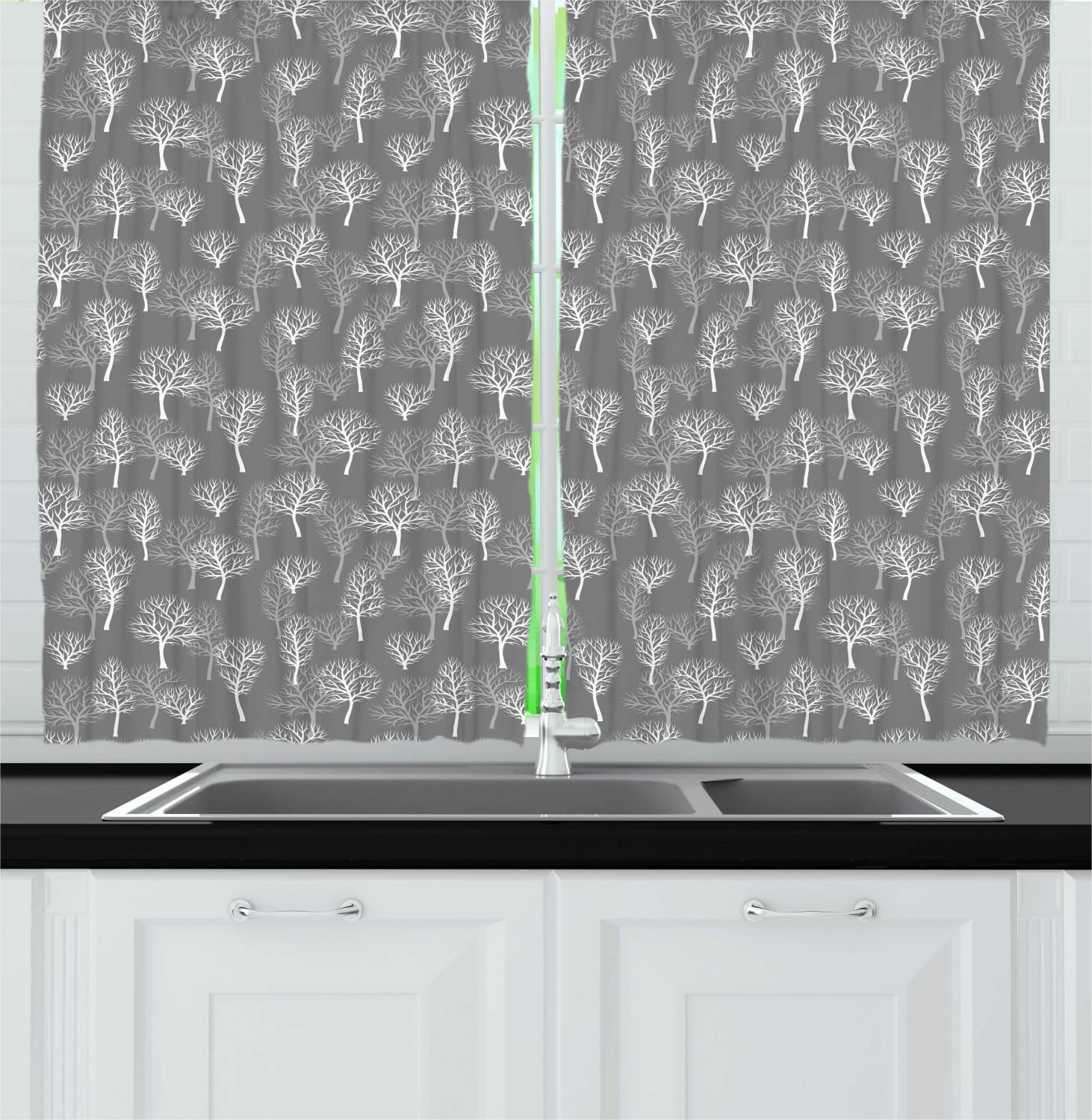 Ambesonne Forest Long Kitchen Curtains - Nature Inspired Eco-Friendly Winter Woodland Tree Design, 2 Panel Rod Pocket Drapes for Windows, 55 x 45 Inches, Dimgray White & Pale Taupe - Perfect for Rustic Cabin, Farmhouse or Nature-Themed Home Decor