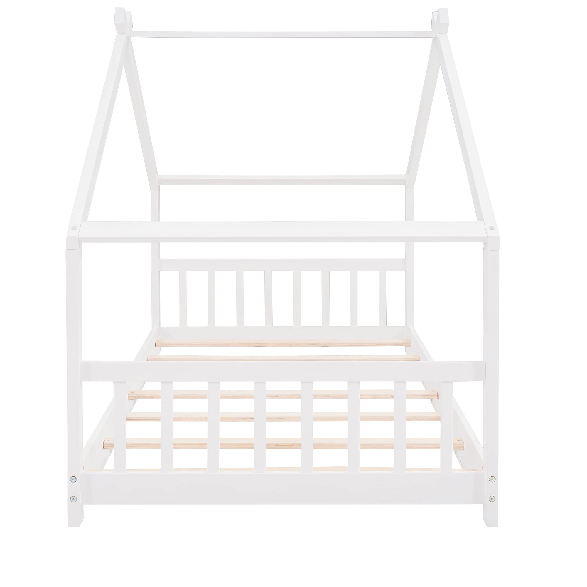 Montessori Twin House Bed Frame for Kids - Solid Wood Floor Bed with Headboard & Footboard, No Box Spring Needed - Perfect for Toddler Room, Playroom & Montessori Classroom (White)