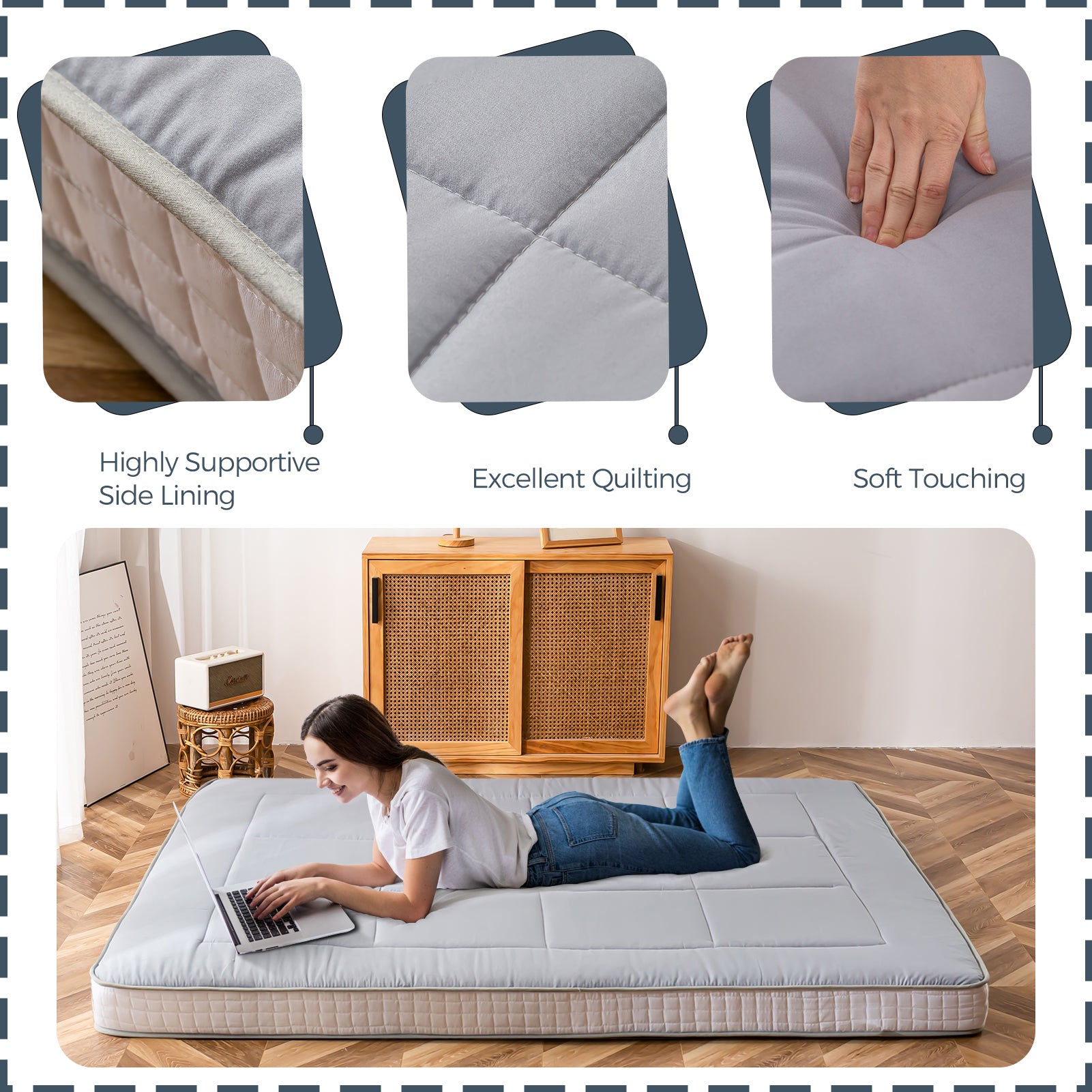 MAXYOYO 6-Inch Extra Thick Floor Futon Mattress - Square Quilting Design, Grey - Perfect for Guest Beds, Dorm Rooms & Small Spaces