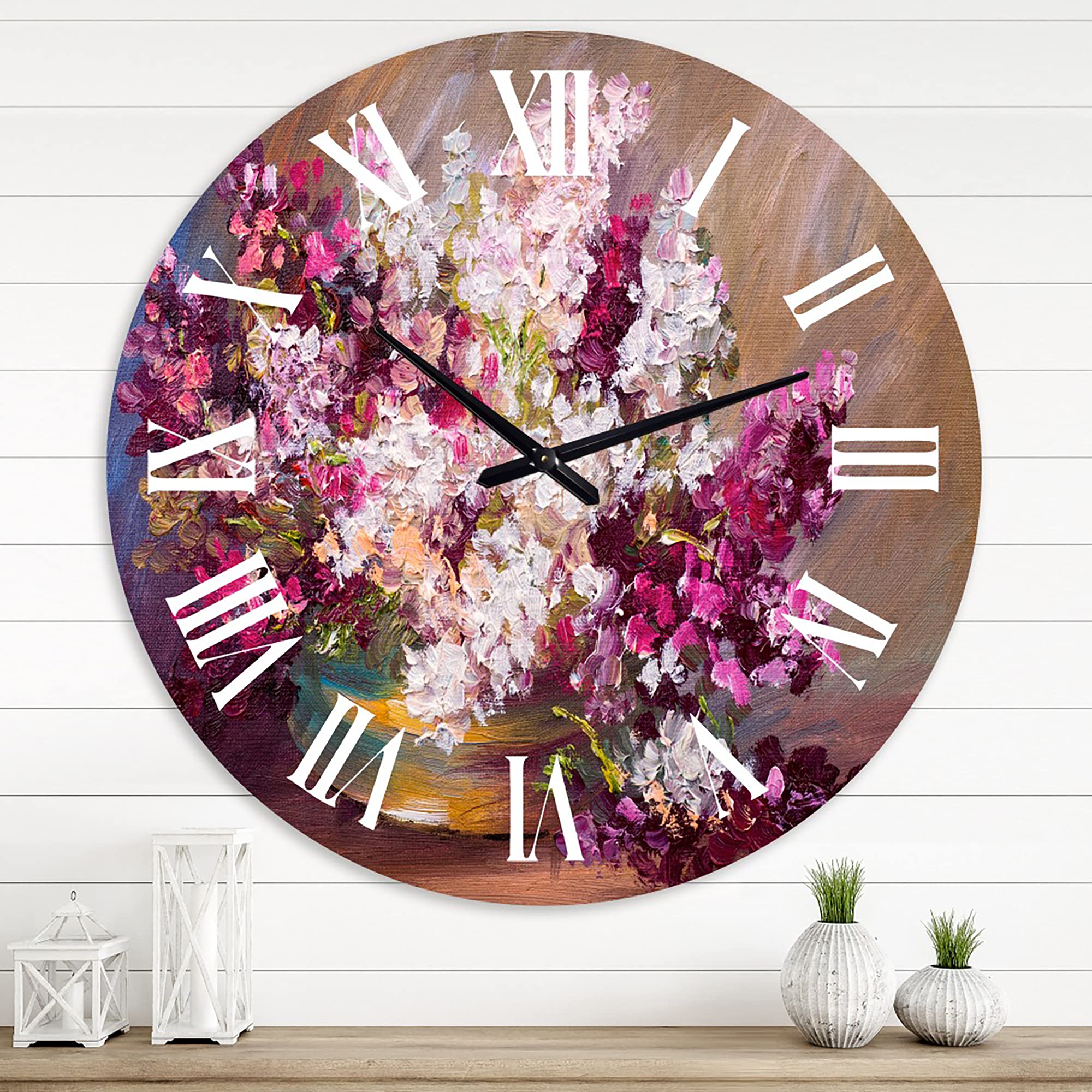 DesignQ Traditional Wall Clock 'Bouquet of Lilacs Still Life' - Large Floral & Botanical Wall Clock for Home, Office & Living Room Decor - Perfect for Farmhouse, Vintage & Classic Interior Design Styles