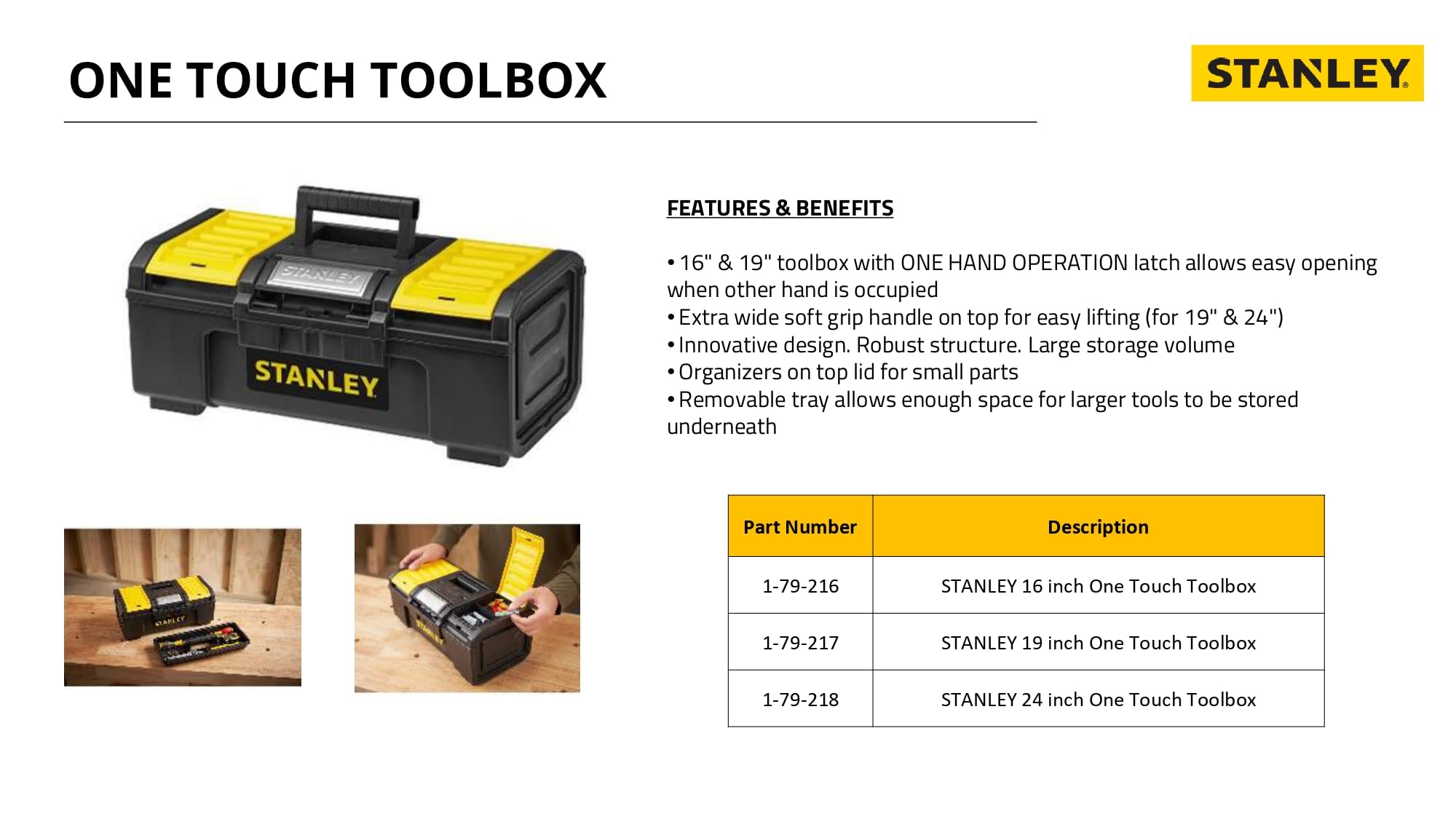 Stanley 19-Inch One Touch Toolbox - Heavy Duty DIY Tool Storage Organizer with Easy Access for Home, Garage & Workshop Projects