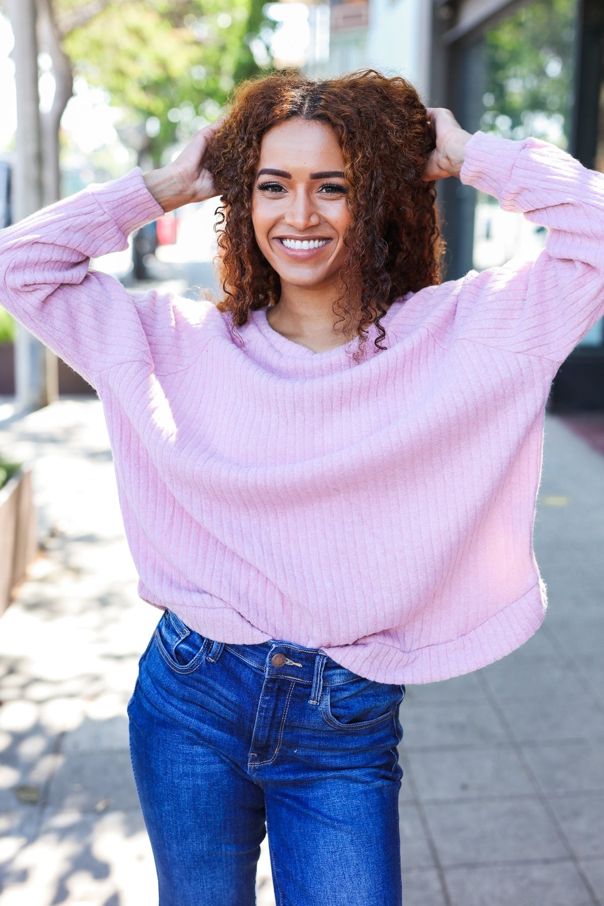 Soft Mauve Ribbed Brushed Hacci Sweater for Women | Cozy Knit Pullover | Perfect for Fall & Winter Layering, Casual Outings & Office Wear