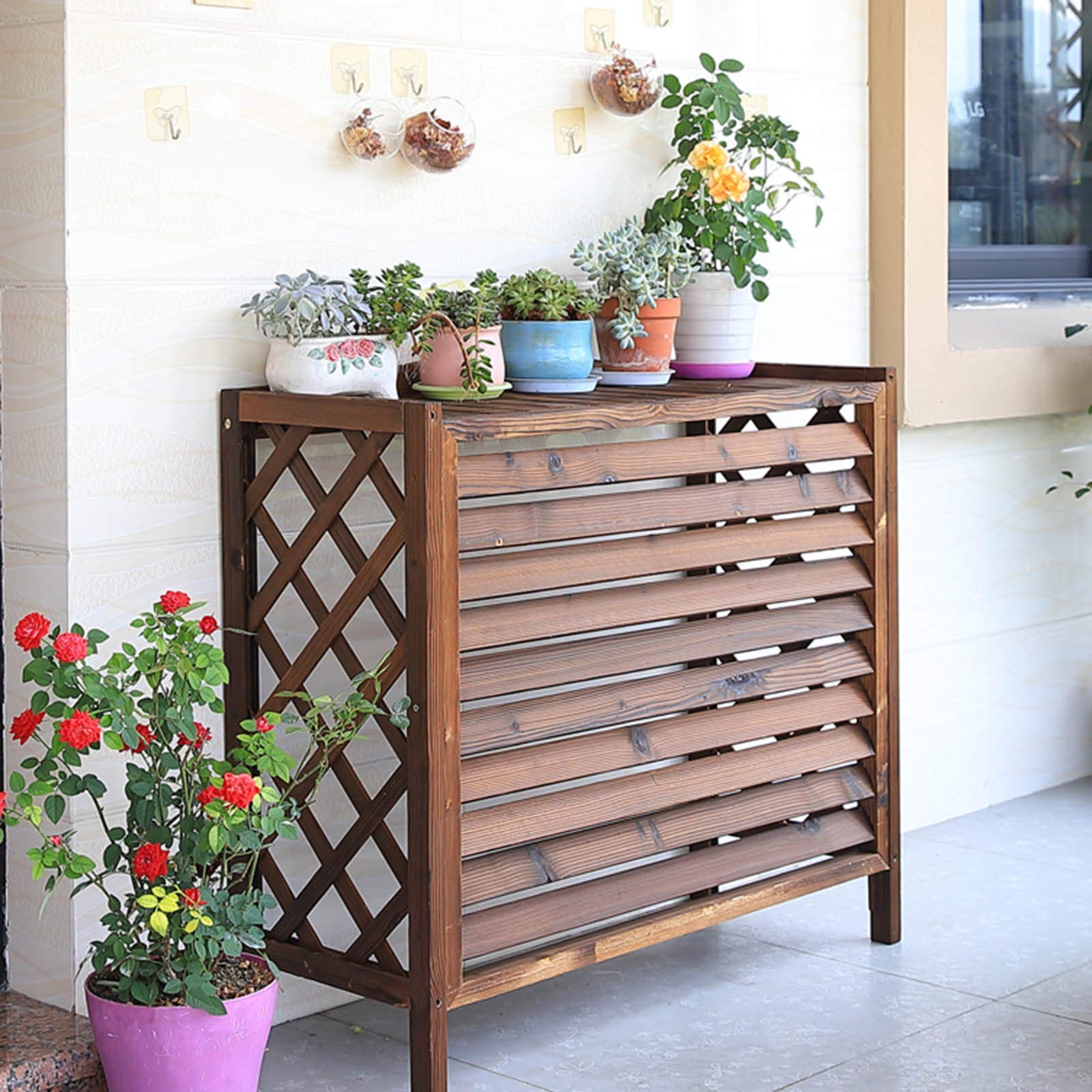 Rustic Wooden Raised Plant Pot Stand & AC Unit Cover - Heavy Duty 3-Panel Privacy Screen for Outdoor AC Units (80×30×70cm) - Perfect for Garden Decor, Patio Privacy & Concealing Unsightly Outdoor Equipment