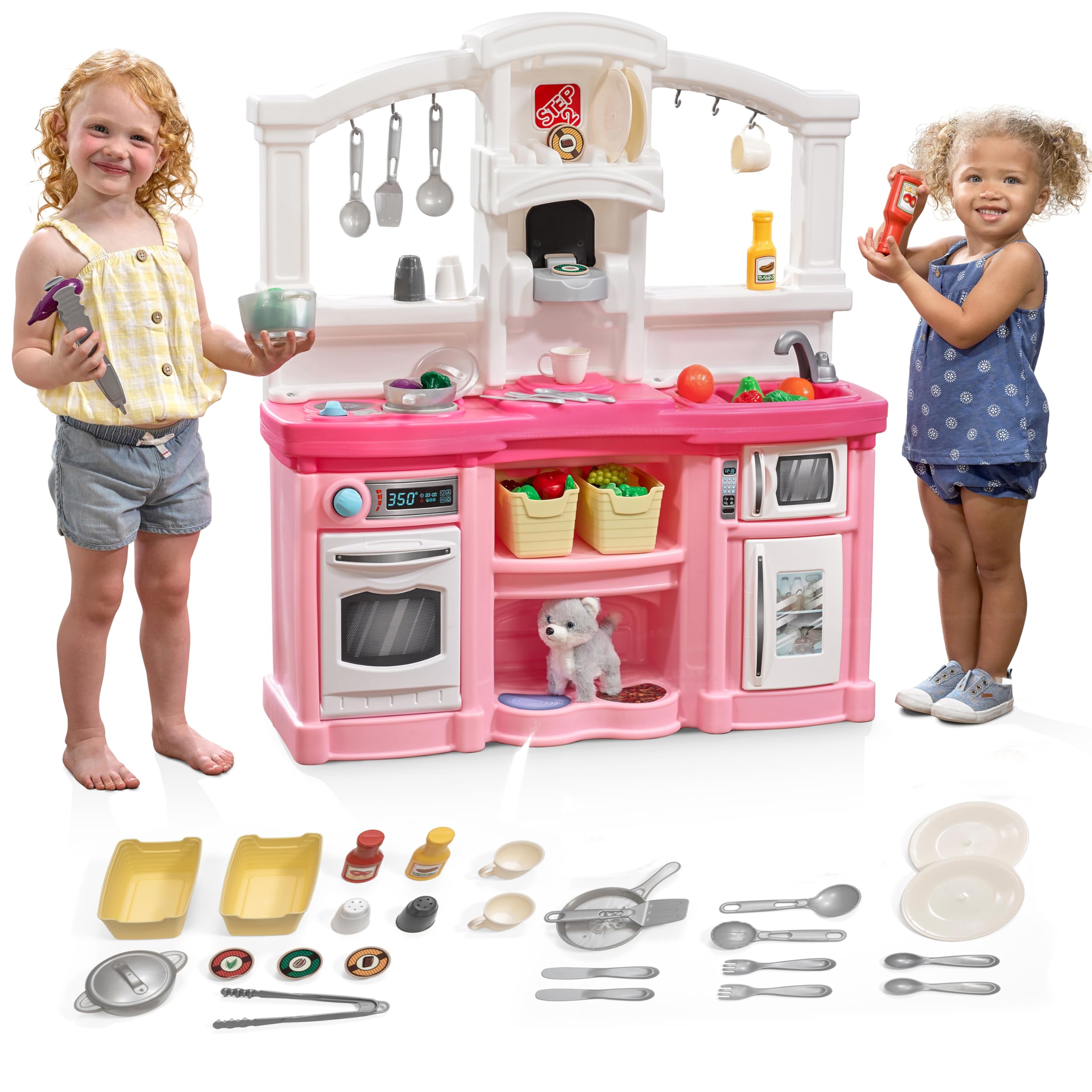 Step2 Fun with Friends Kids Kitchen Playset - Interactive Indoor/Outdoor Toy Kitchen with Lights & Sounds, 25-Piece Accessories, Durable Plastic for Toddlers Ages 2+ (Pink) | Perfect for Pretend Play, Birthday Gifts & Daycare Learning Activities