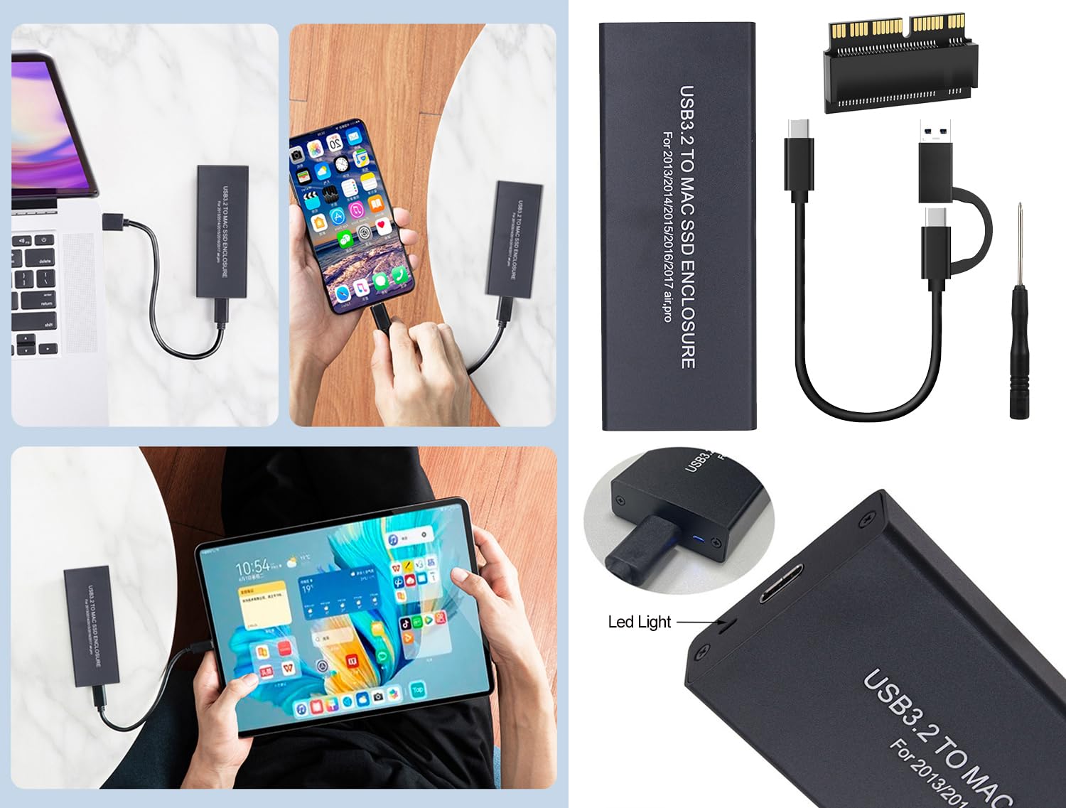 USB-C 3.2 External SSD Enclosure for MacBook Air/Pro 2013-2017 (A1466 A1465 A1502 A1398) - Portable Aluminum Hard Drive Case with 12+16 Pin Connector | Perfect for Data Backup, File Transfer & External Storage Expansion