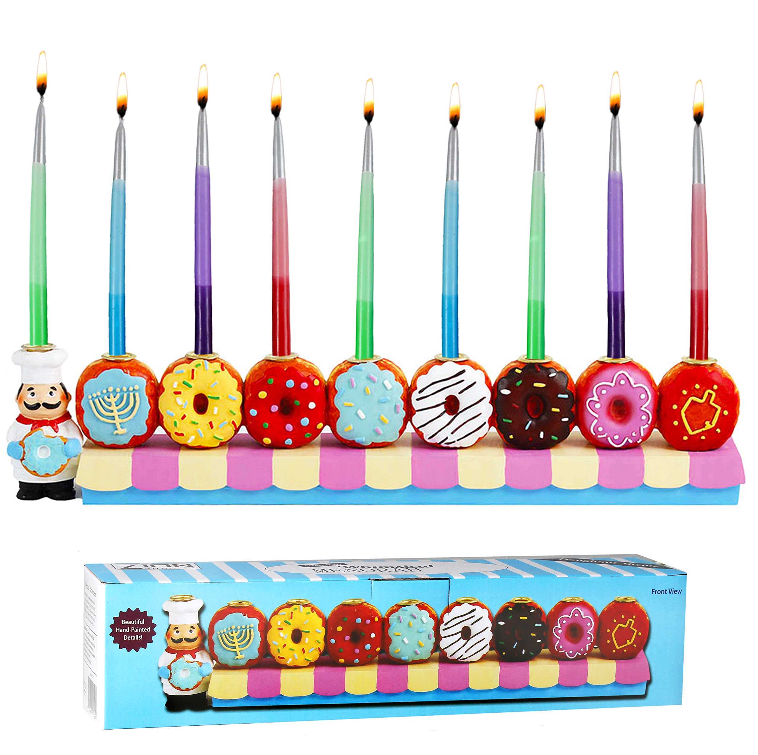 Hand-Painted Baker & Doughnuts Children's Candle Menorah - Traditional Chanukah Sofganiyot Design Fits Standard Hanukkah Candles - Collectible Hanukkiyah by Zion Judaica - Perfect for Kids' Hanukkah Celebrations & Jewish Holiday Decor