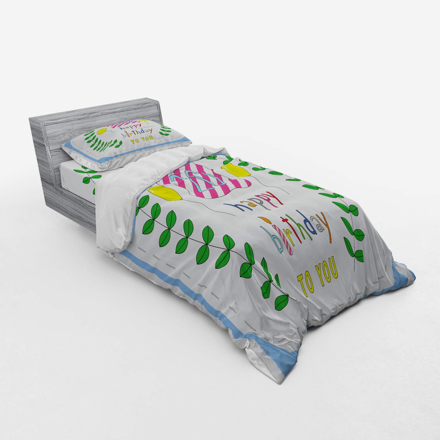 Ambesonne 20th Birthday Duvet Cover Set - 3 Piece Twin Size Bedding with Sham & Fitted Sheet - Surprise Party Theme Balloons Branches Boxes in Green Blue Pink - Perfect for Teen Bedroom Decor & Birthday Gift