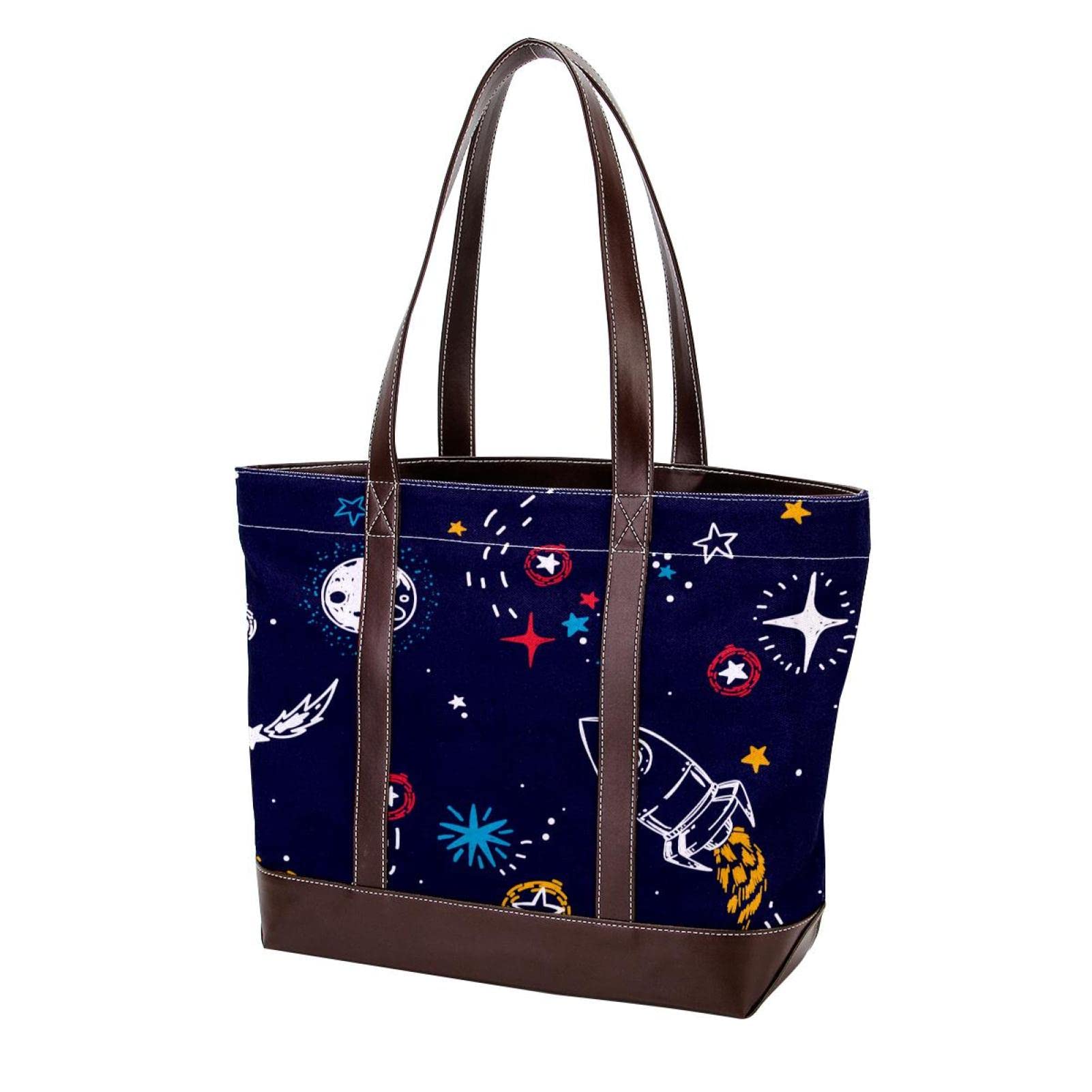 Space Stars Rocket Planets Tote Bags for Women - Large Leather & Canvas Shoulder Bag, Top Handle Satchel Purse - Perfect for Work, Travel & Everyday Use