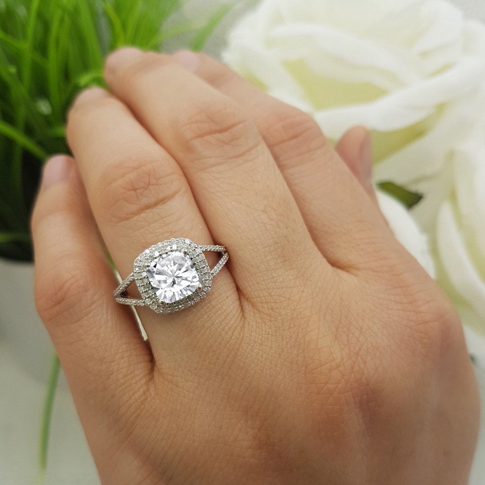 Dazzlingrock 7mm Cushion Cut Lab-Created Gemstone & Round White Diamond Engagement Ring for Women - Sterling Silver Wedding Band, Anniversary Gift, Proposal Jewelry