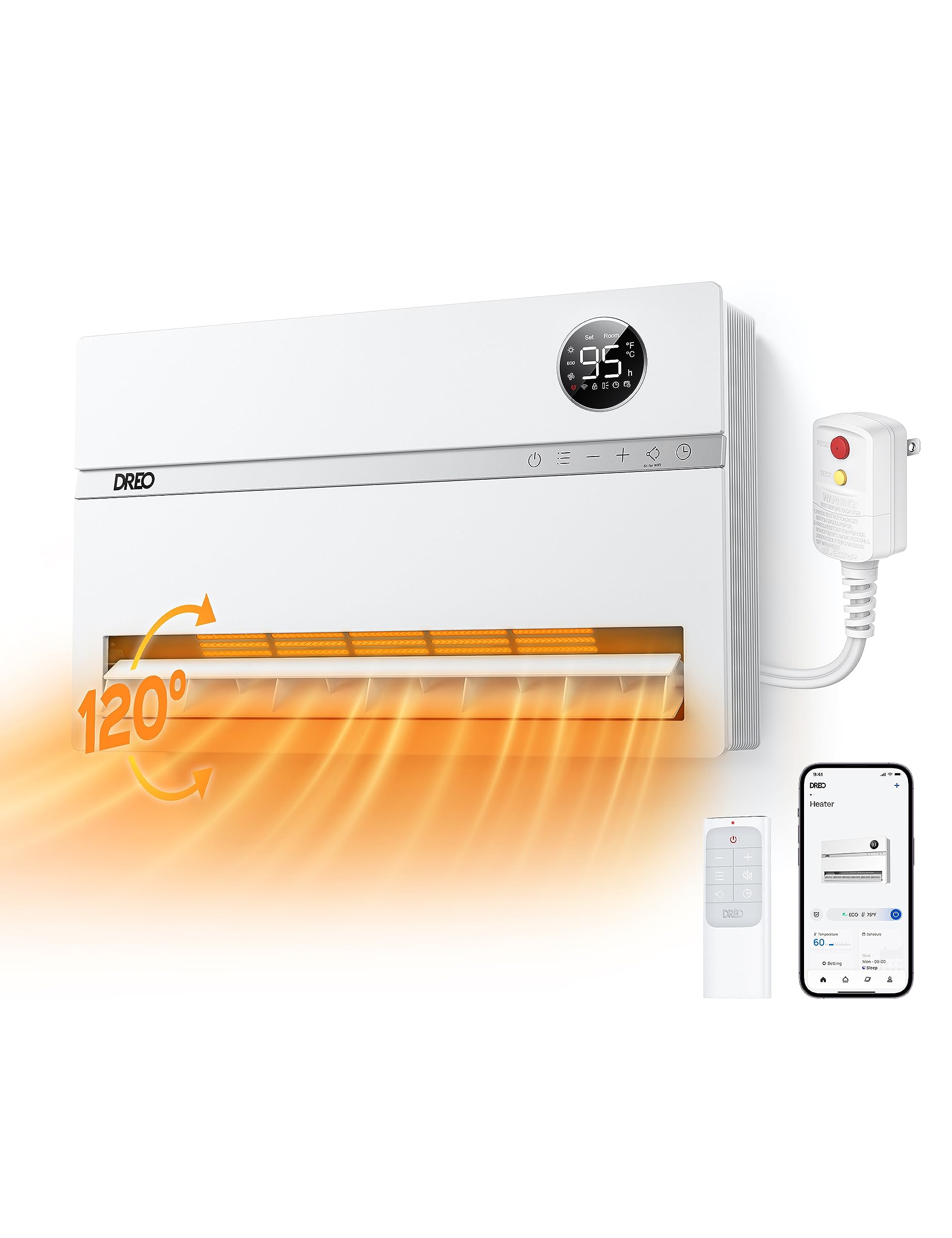 Dreo 1500W Smart Wall Heater with ALCI Plug - 120° Vertical Oscillation, Adjustable Thermostat & 24H Timer - Easy Installation Electric Space Heater for Bathroom, Bedroom, Office - Perfect for Indoor Heating in Winter & Small Spaces