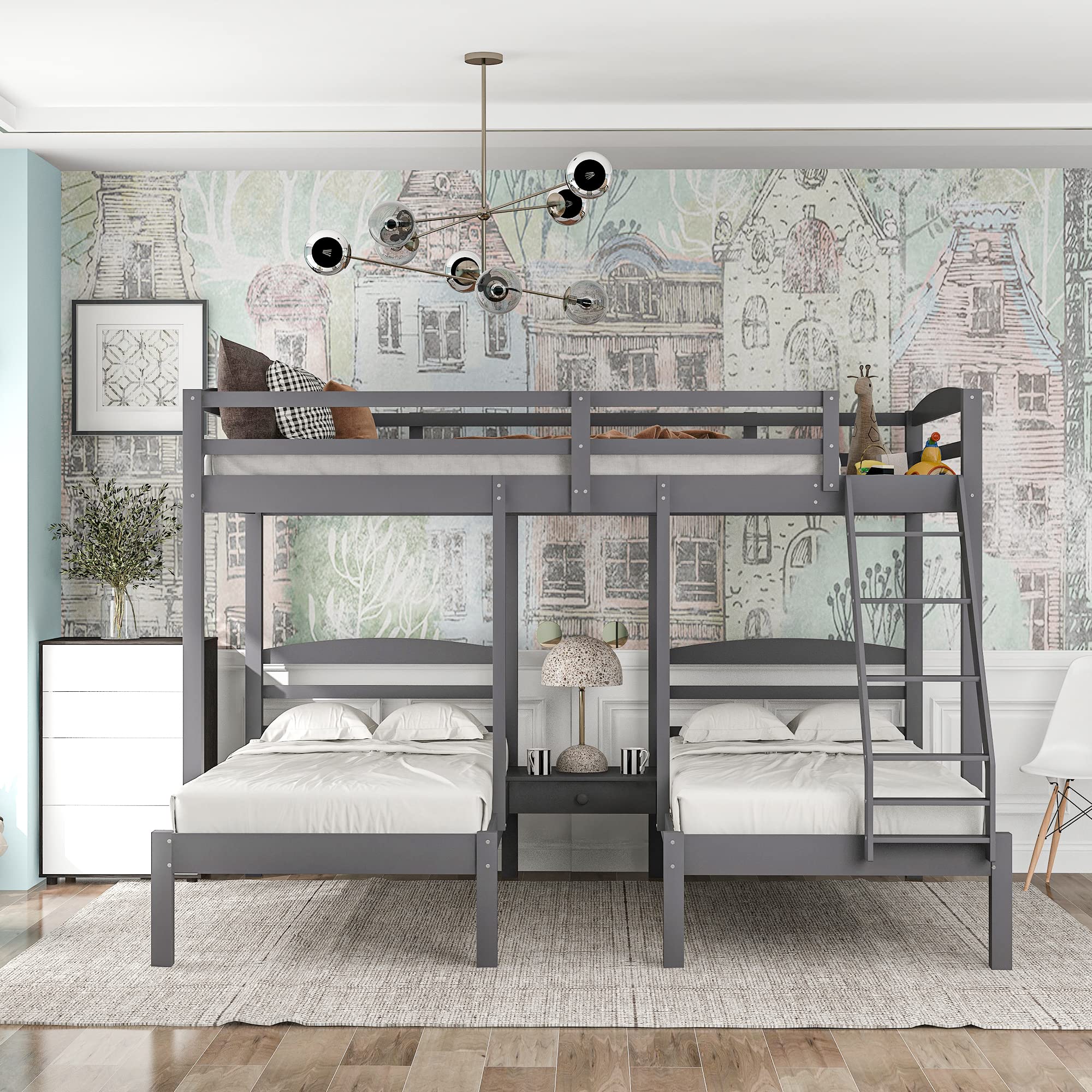 Harper & Bright Designs Full Over Twin & Twin Wood Triple Bunk Bed Frame with Guardrails - Sturdy Grey Bedroom Furniture for Kids, Teens & Guest Rooms | Space Saving Solution for Small Homes & Shared Bedrooms