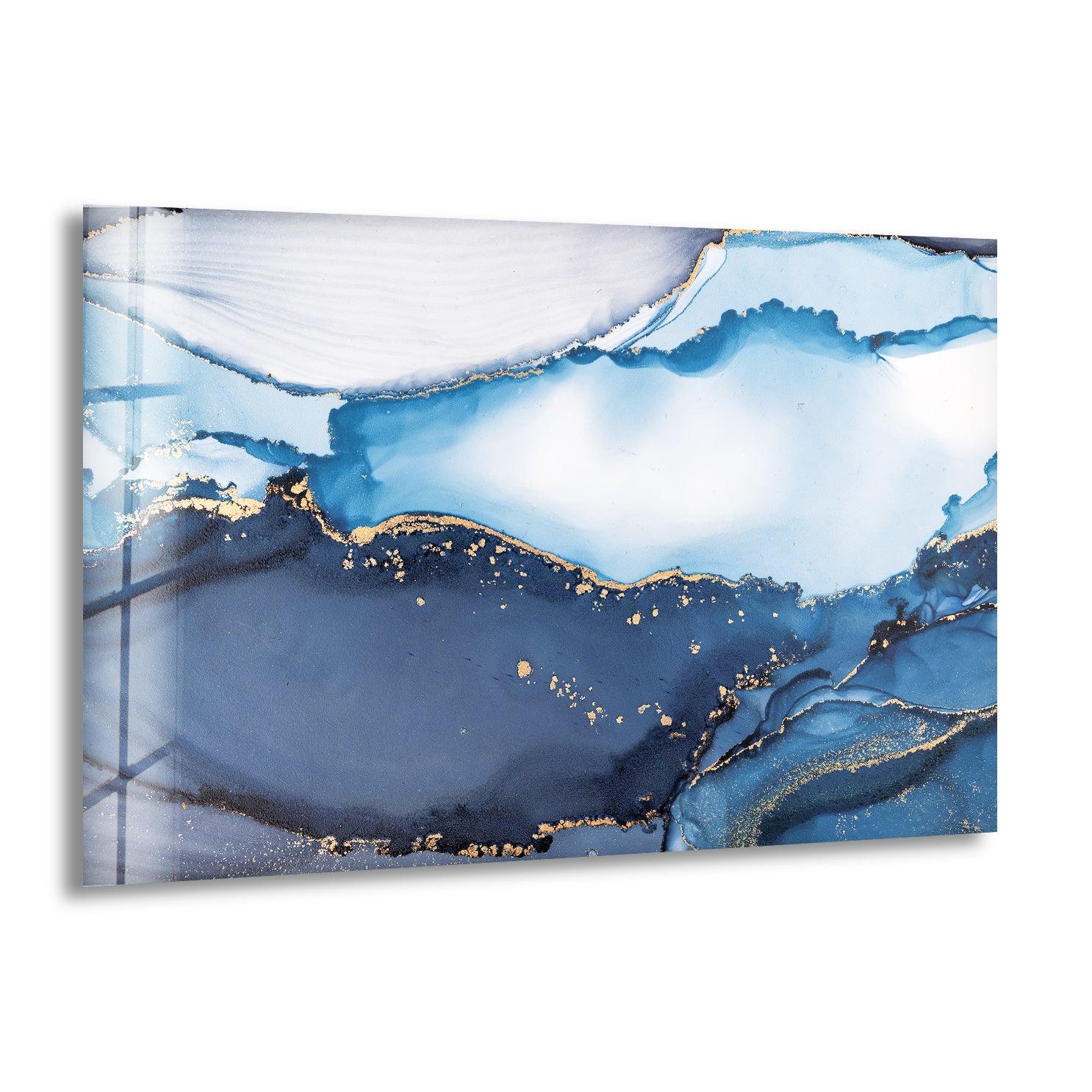Blue Marble Ink Abstract Glass Wall Art - Modern Home Decor for Living Room, Bedroom & Office - Unique Handmade Glass Painting for Interior Design